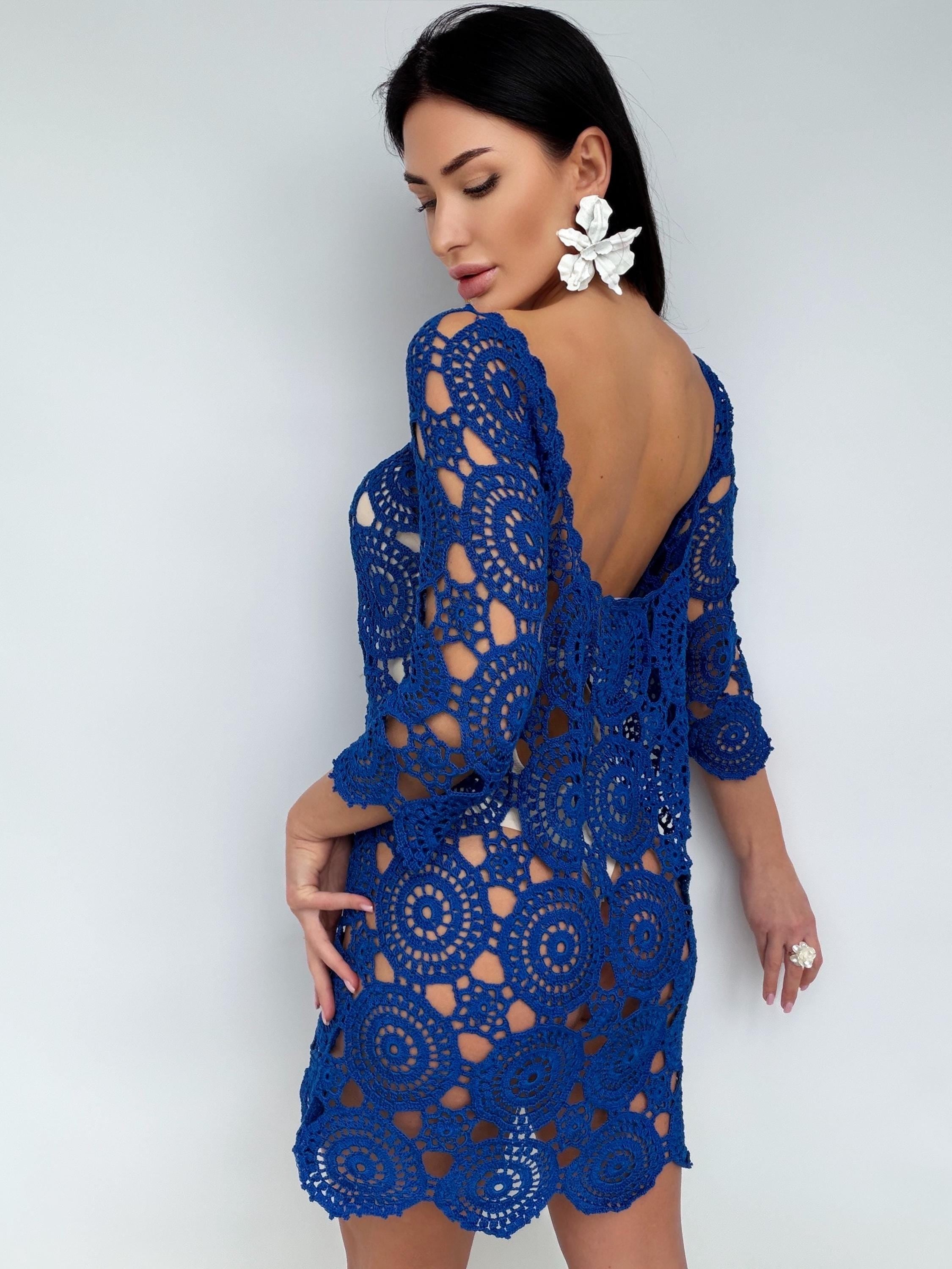 Royal Blue Crochet Dress, Handmade cover-up Openwork Mini Dress, Backless Boho Beach Cover Up, Cotton Lace Tunic, Festival Summer Dress
