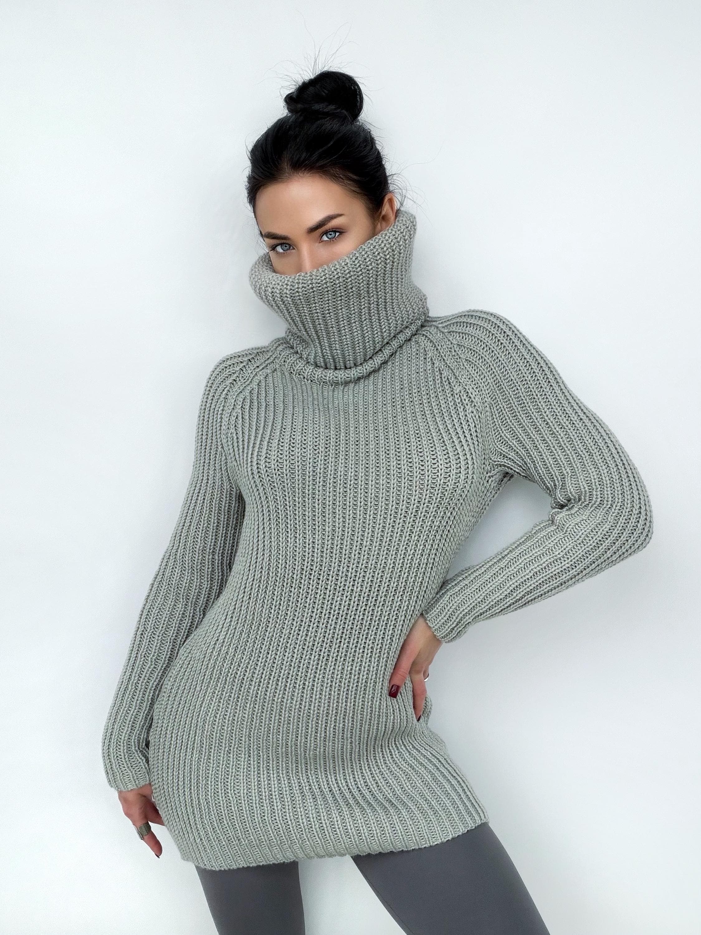 Large handmade merino wool grey Sweater turtleneck Big high collar long sleeves sweater dress Chunky knit wool pullover Womens