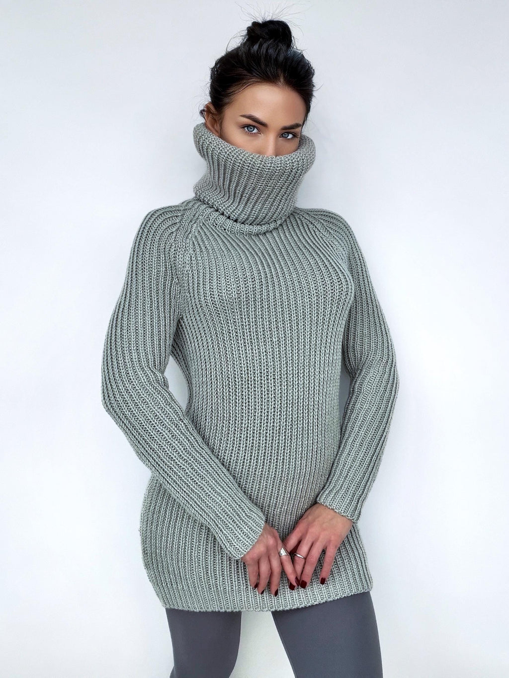 Large handmade merino wool grey Sweater turtleneck Big high collar long sleeves sweater dress Chunky knit wool pullover Womens