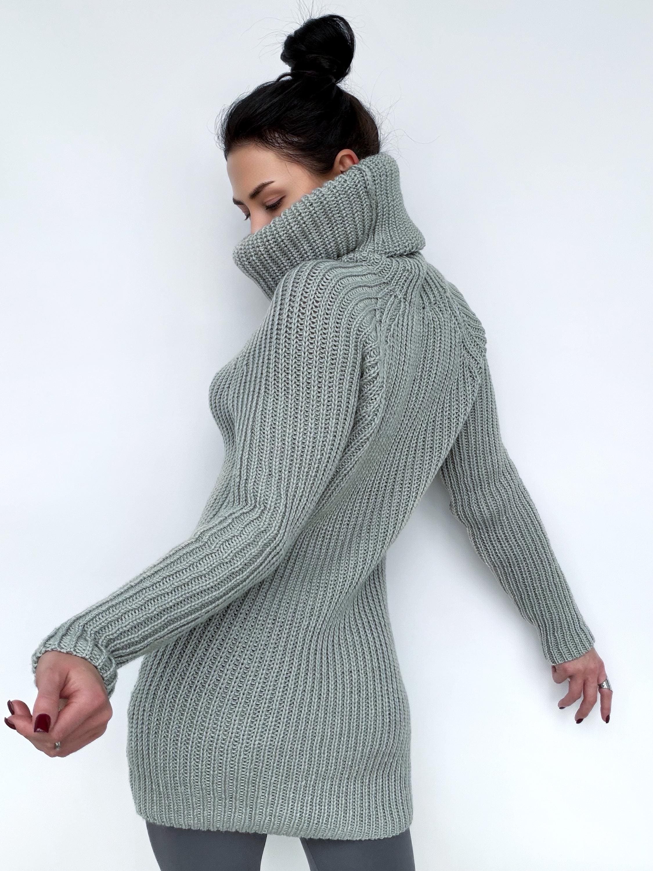 Large handmade merino wool grey Sweater turtleneck Big high collar long sleeves sweater dress Chunky knit wool pullover Womens