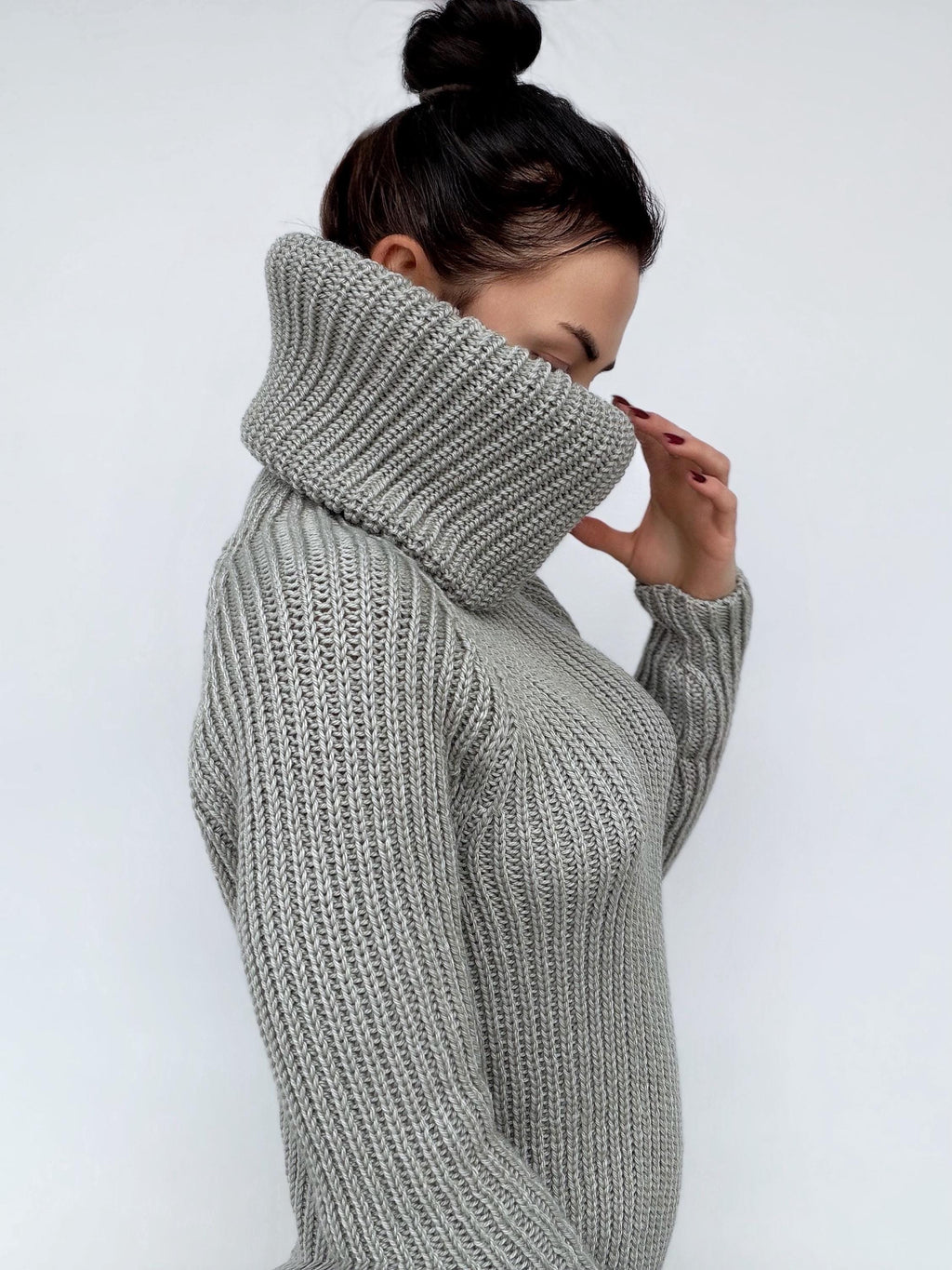 Large handmade merino wool grey Sweater turtleneck Big high collar long sleeves sweater dress Chunky knit wool pullover Womens