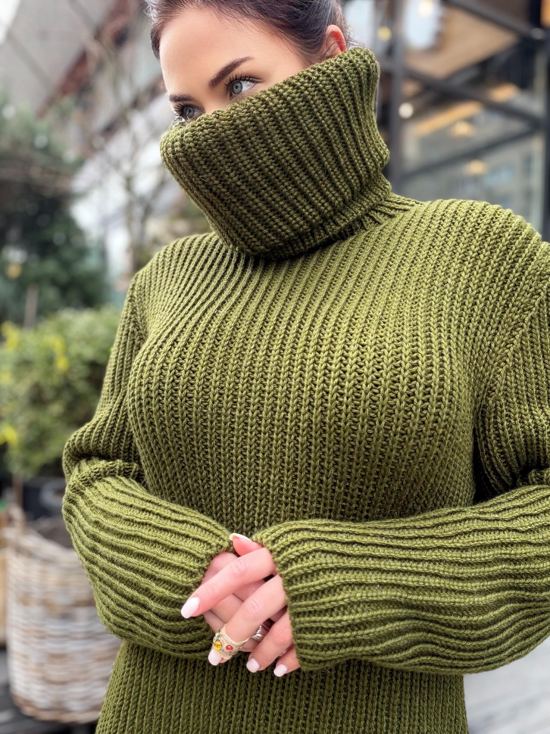 Hand knit khaki large merino wool Sweater turtleneck Big high collar long sleeves sweater dress Chunky knit wool big pullover unisex
