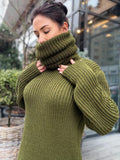 Hand knit khaki large merino wool Sweater turtleneck Big high collar long sleeves sweater dress Chunky knit wool big pullover unisex