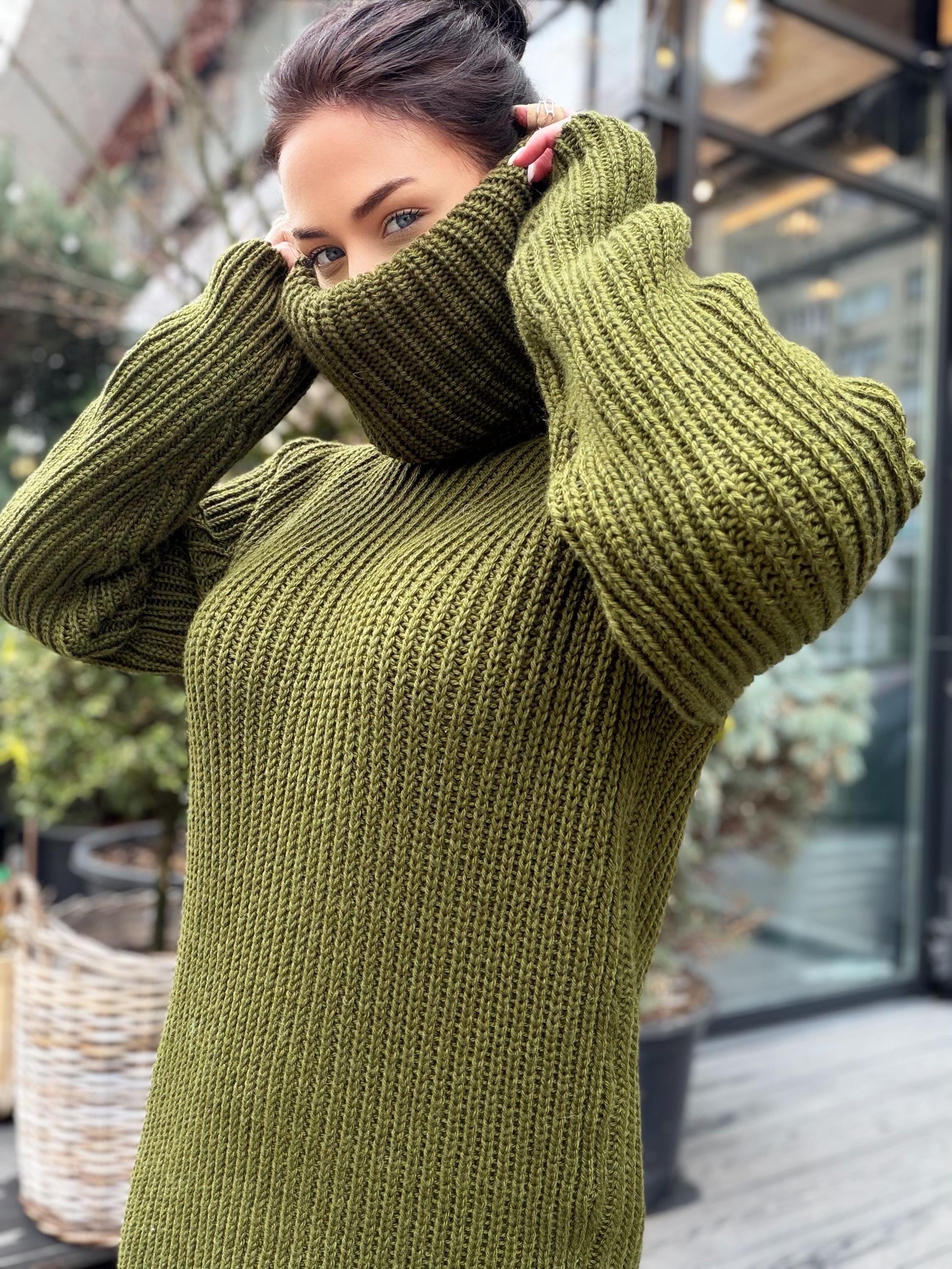Hand knit khaki large merino wool Sweater turtleneck Big high collar long sleeves sweater dress Chunky knit wool big pullover unisex