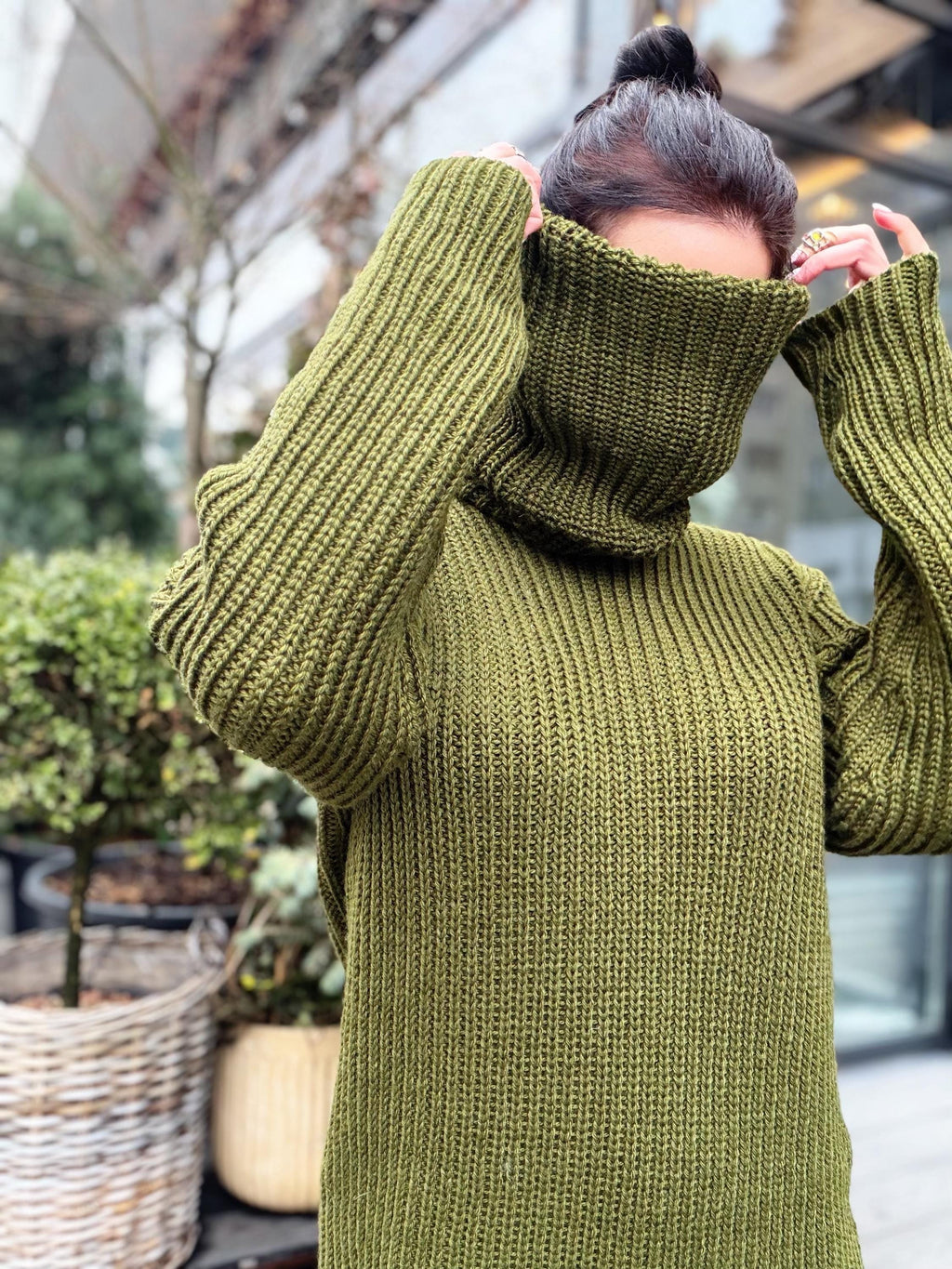 Hand knit khaki large merino wool Sweater turtleneck Big high collar long sleeves sweater dress Chunky knit wool big pullover unisex