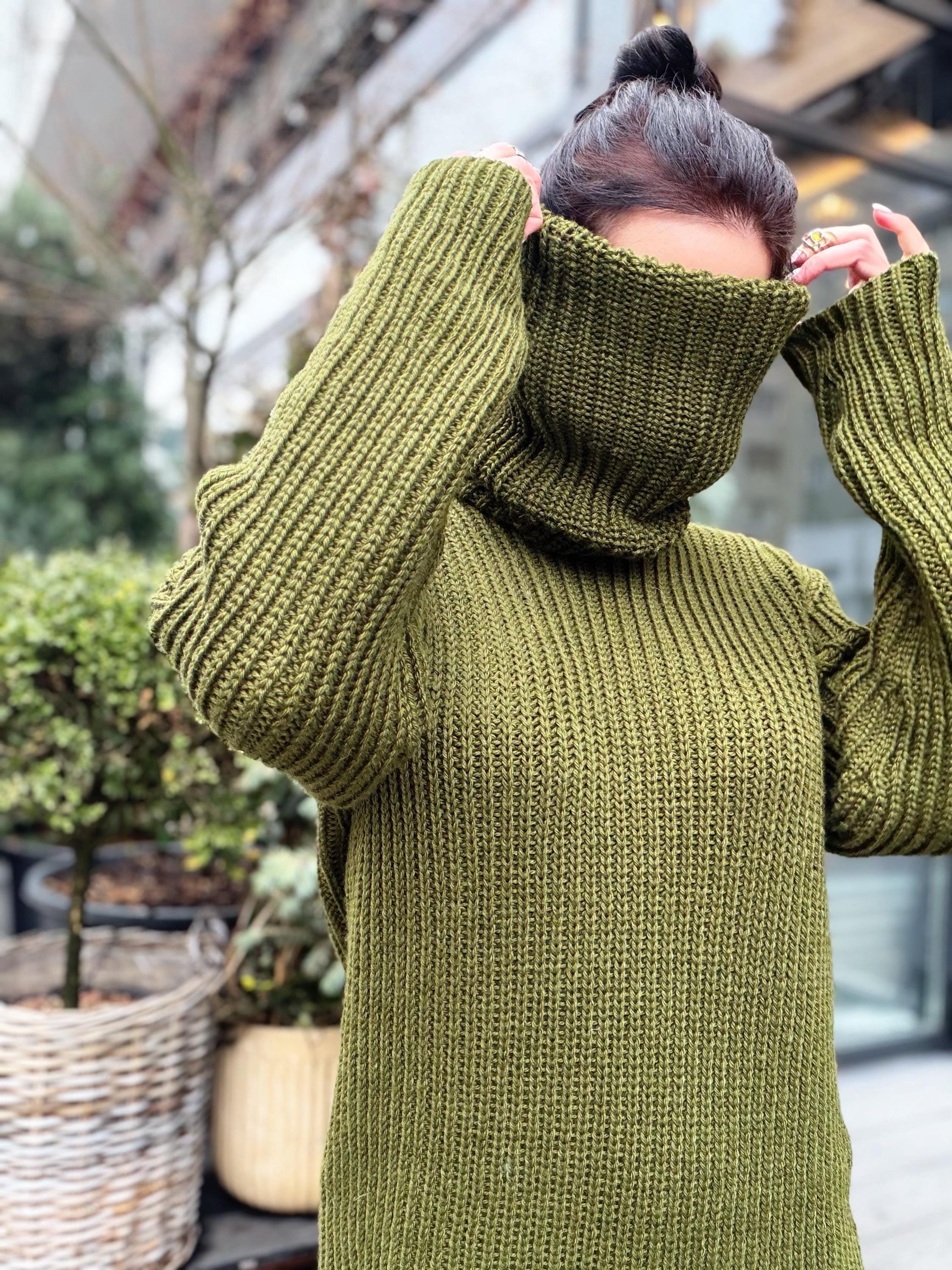 Hand knit khaki large merino wool Sweater turtleneck Big high collar long sleeves sweater dress Chunky knit wool big pullover unisex