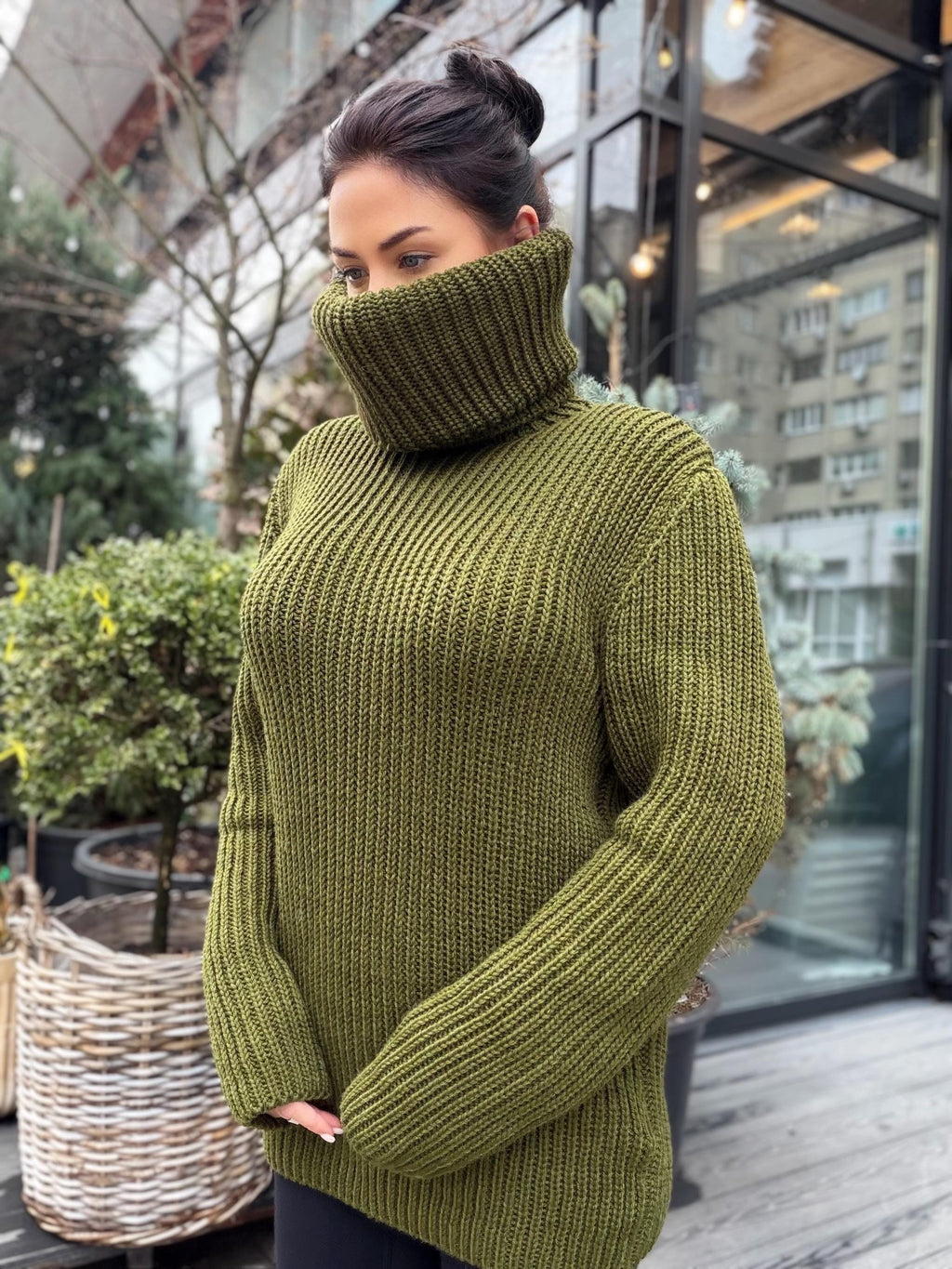 Hand knit khaki large merino wool Sweater turtleneck Big high collar long sleeves sweater dress Chunky knit wool big pullover unisex
