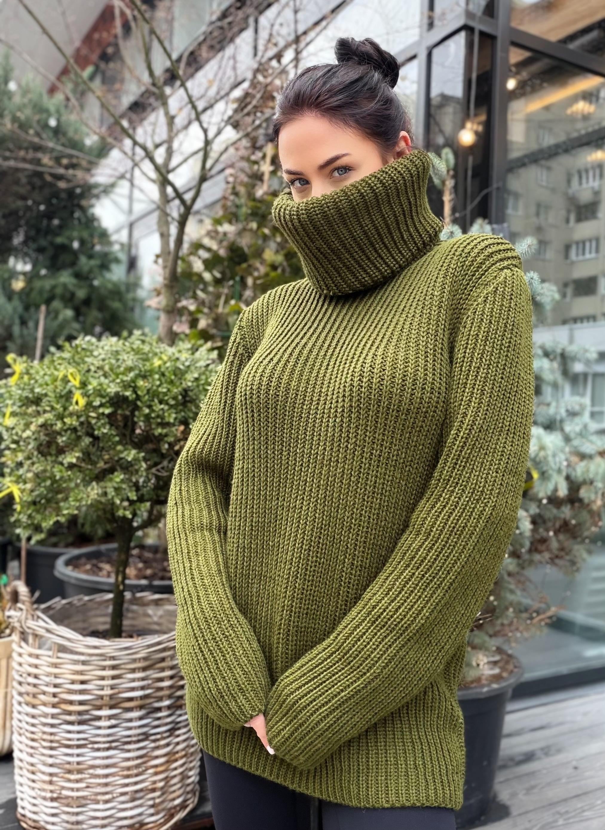 Hand knit khaki large merino wool Sweater turtleneck Big high collar long sleeves sweater dress Chunky knit wool big pullover unisex