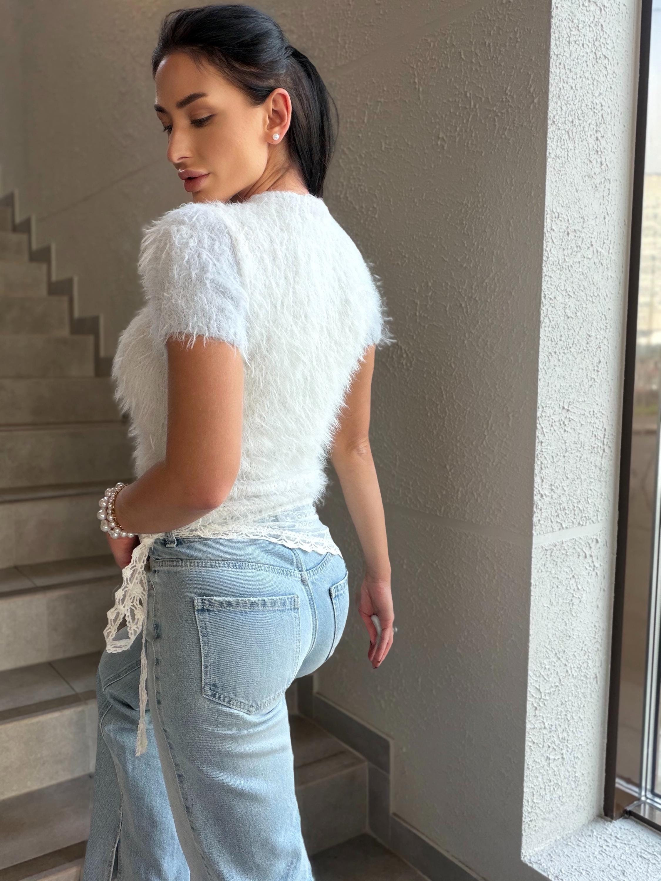 Merino Wool Knit Top Women, Fluffy Sweater Tee, Soft Fuzzy Knit Shirt, Lightweight Spring Summer Pullover, Handmade Luxury Top
