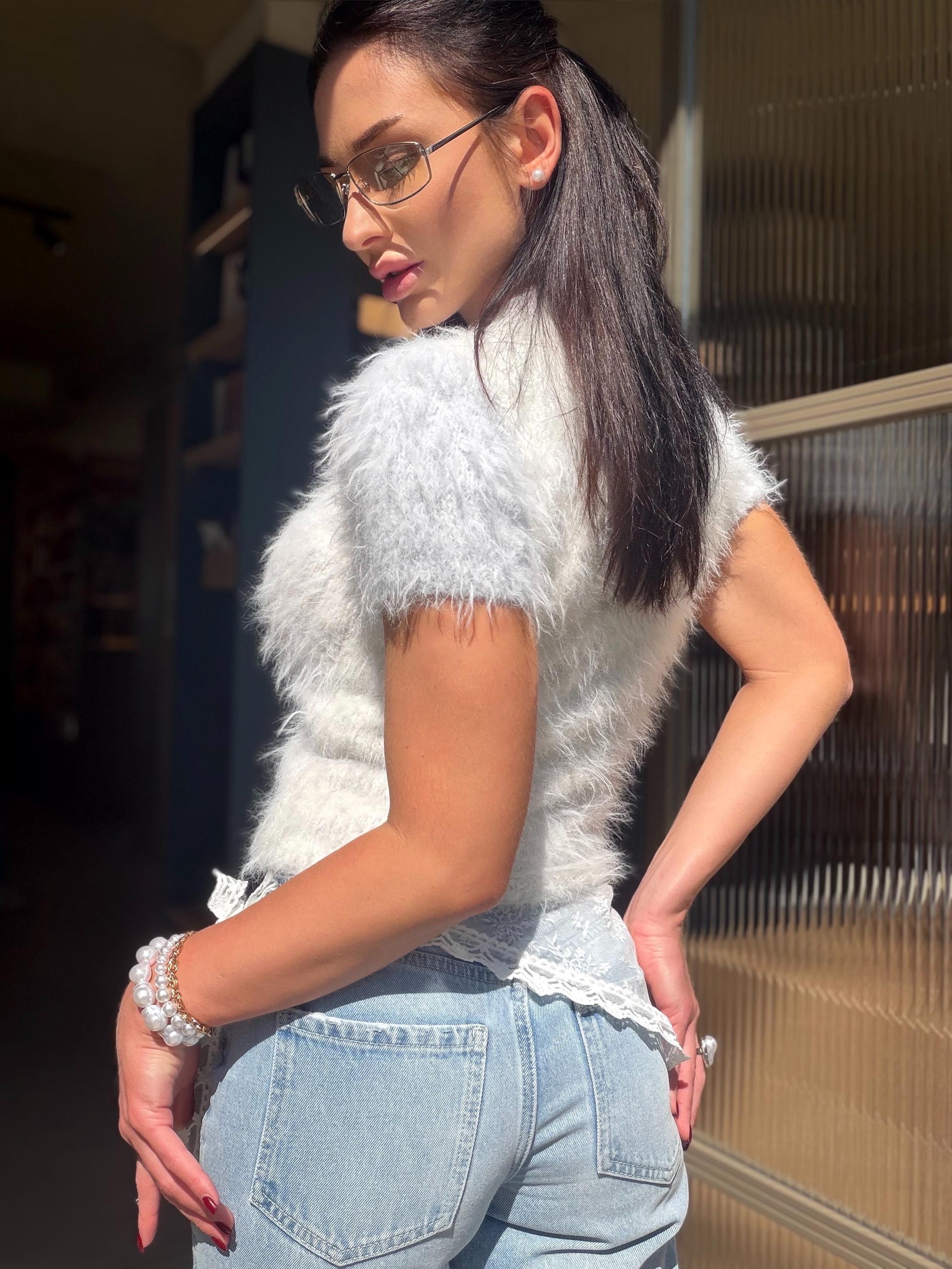 Merino Wool Knit Top Women, Fluffy Sweater Tee, Soft Fuzzy Knit Shirt, Lightweight Spring Summer Pullover, Handmade Luxury Top