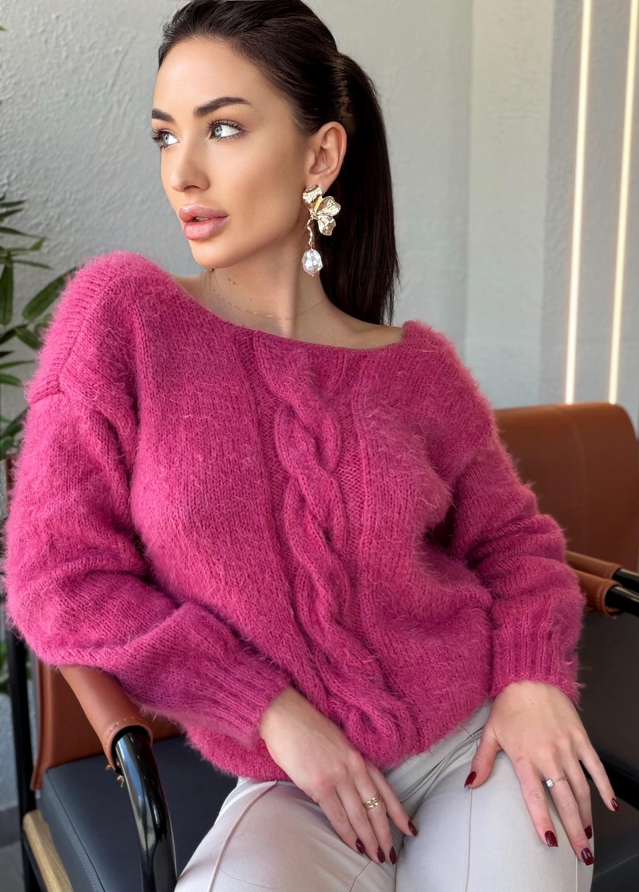 Fluffy fuchsia hand knit body friendly pink rouse open back sweater V - Deep neckline Knit emerald fluffy pullover Oversized V-neck