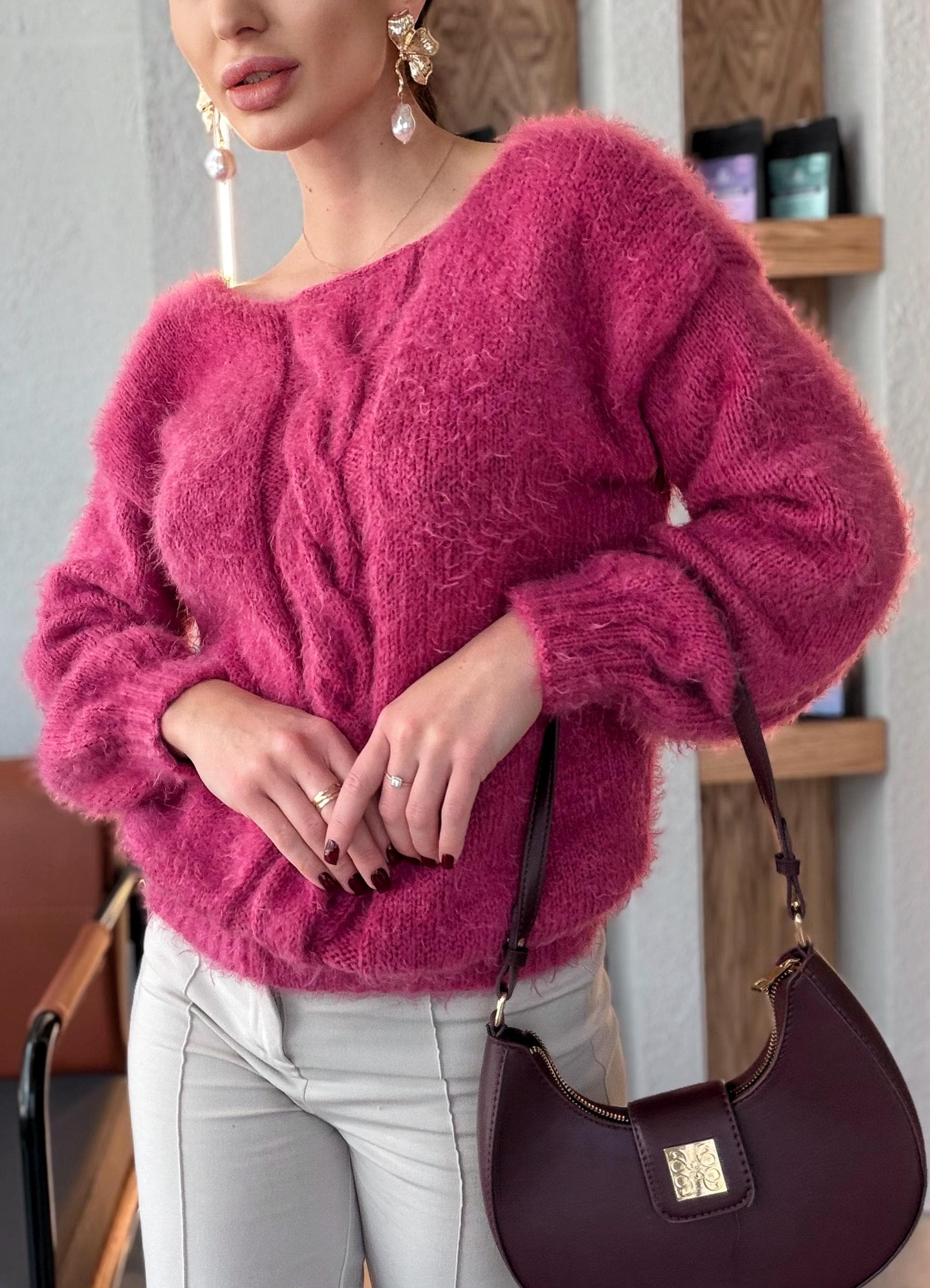 Fluffy fuchsia hand knit body friendly pink rouse open back sweater V - Deep neckline Knit emerald fluffy pullover Oversized V-neck