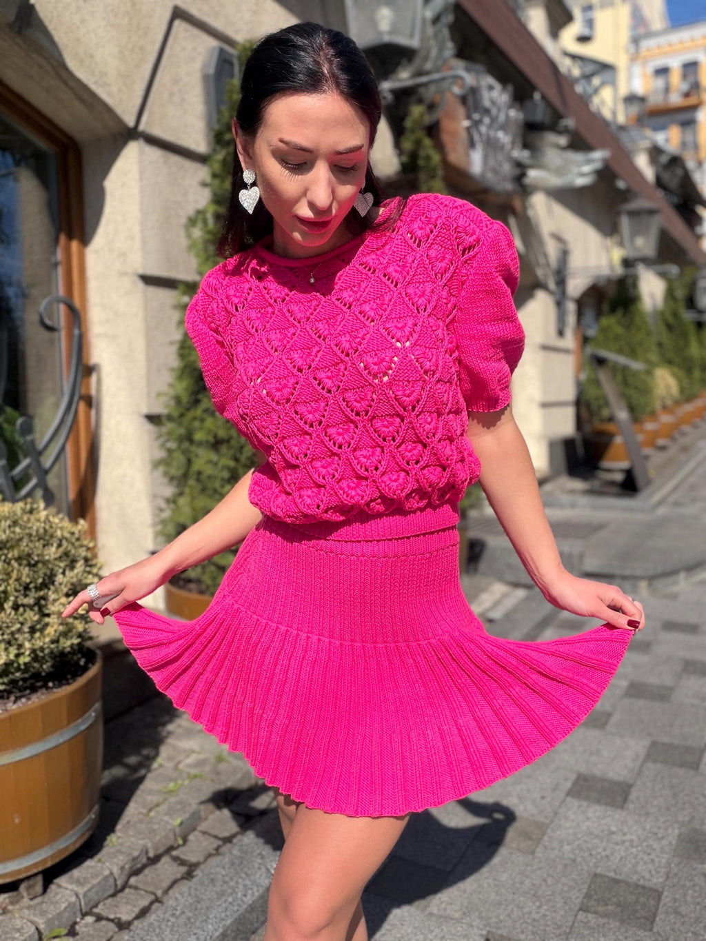 Hot Pink Knit Skirt Set, Cotton Two Piece Set, Handmade Knitted Matching Set, Women Co Ord Set, Mini Skirt Outfit Summer, Set Women