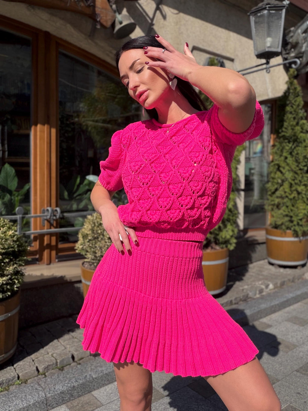 Hot Pink Knit Skirt Set, Cotton Two Piece Set, Handmade Knitted Matching Set, Women Co Ord Set, Mini Skirt Outfit Summer, Set Women