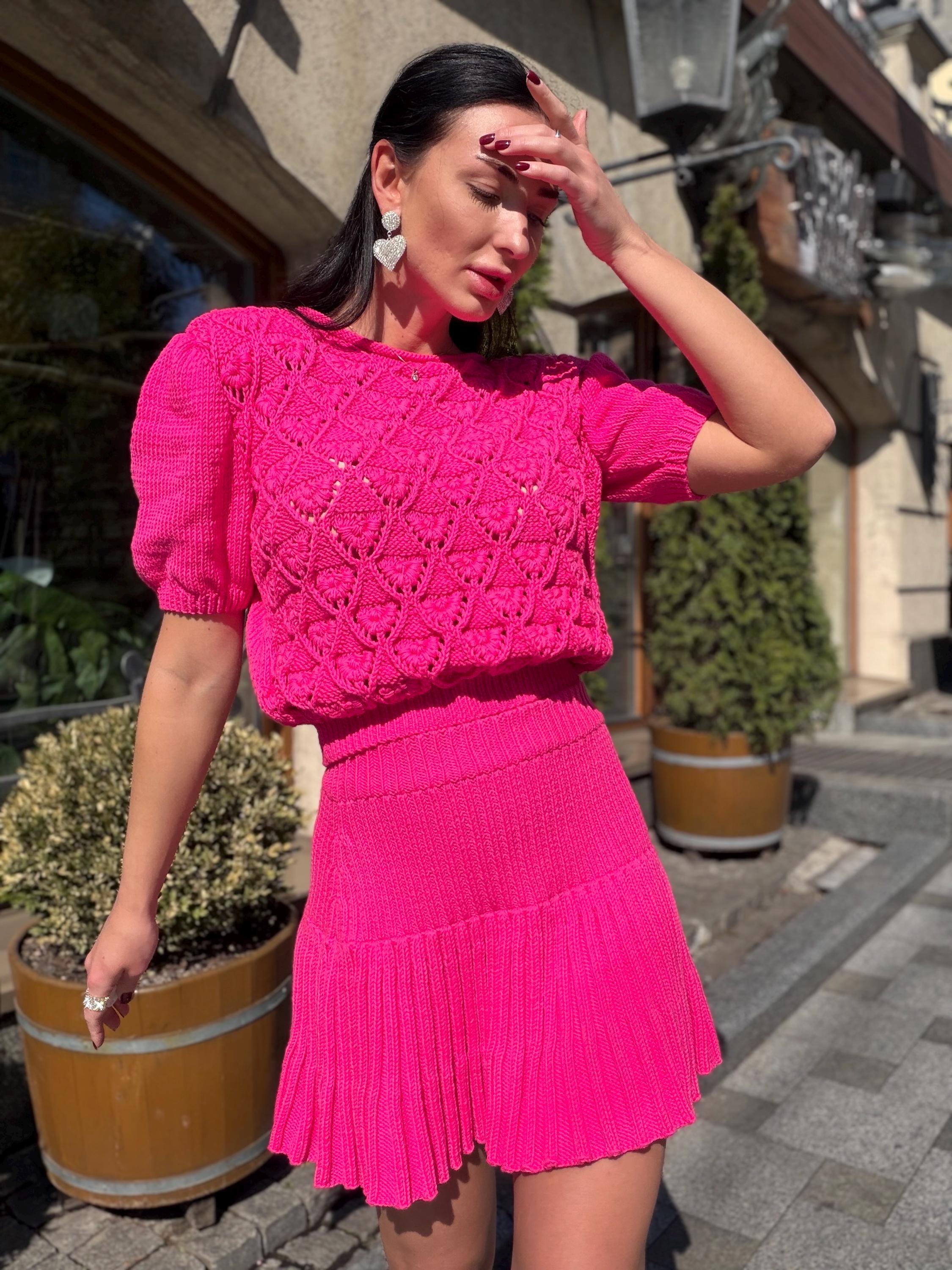 Hot Pink Knit Skirt Set, Cotton Two Piece Set, Handmade Knitted Matching Set, Women Co Ord Set, Mini Skirt Outfit Summer, Set Women