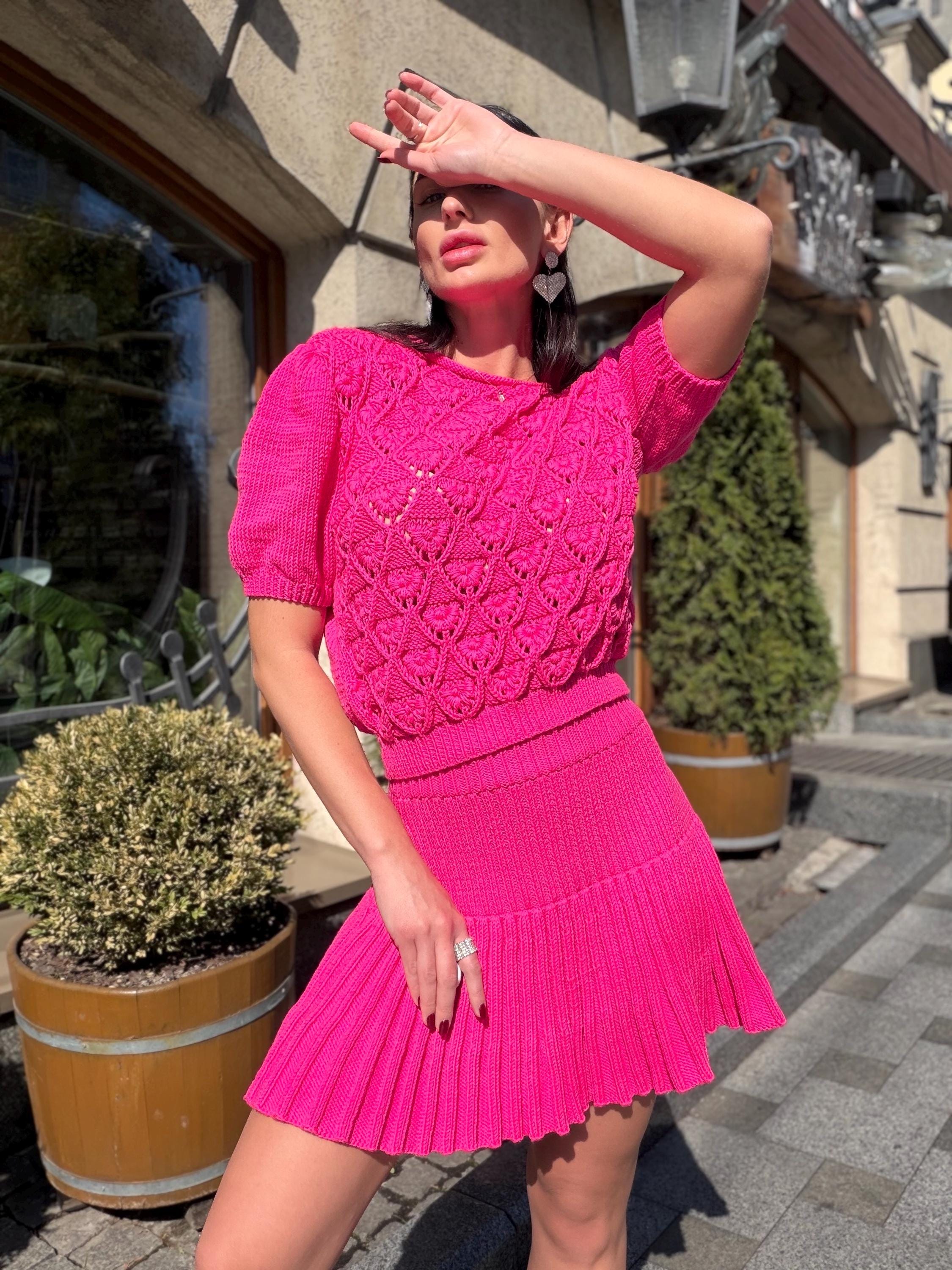 Hot Pink Knit Skirt Set, Cotton Two Piece Set, Handmade Knitted Matching Set, Women Co Ord Set, Mini Skirt Outfit Summer, Set Women