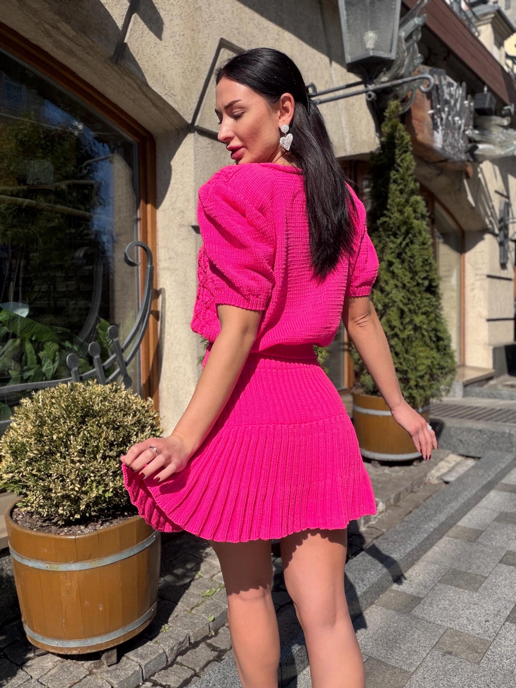 Hot Pink Knit Skirt Set, Cotton Two Piece Set, Handmade Knitted Matching Set, Women Co Ord Set, Mini Skirt Outfit Summer, Set Women