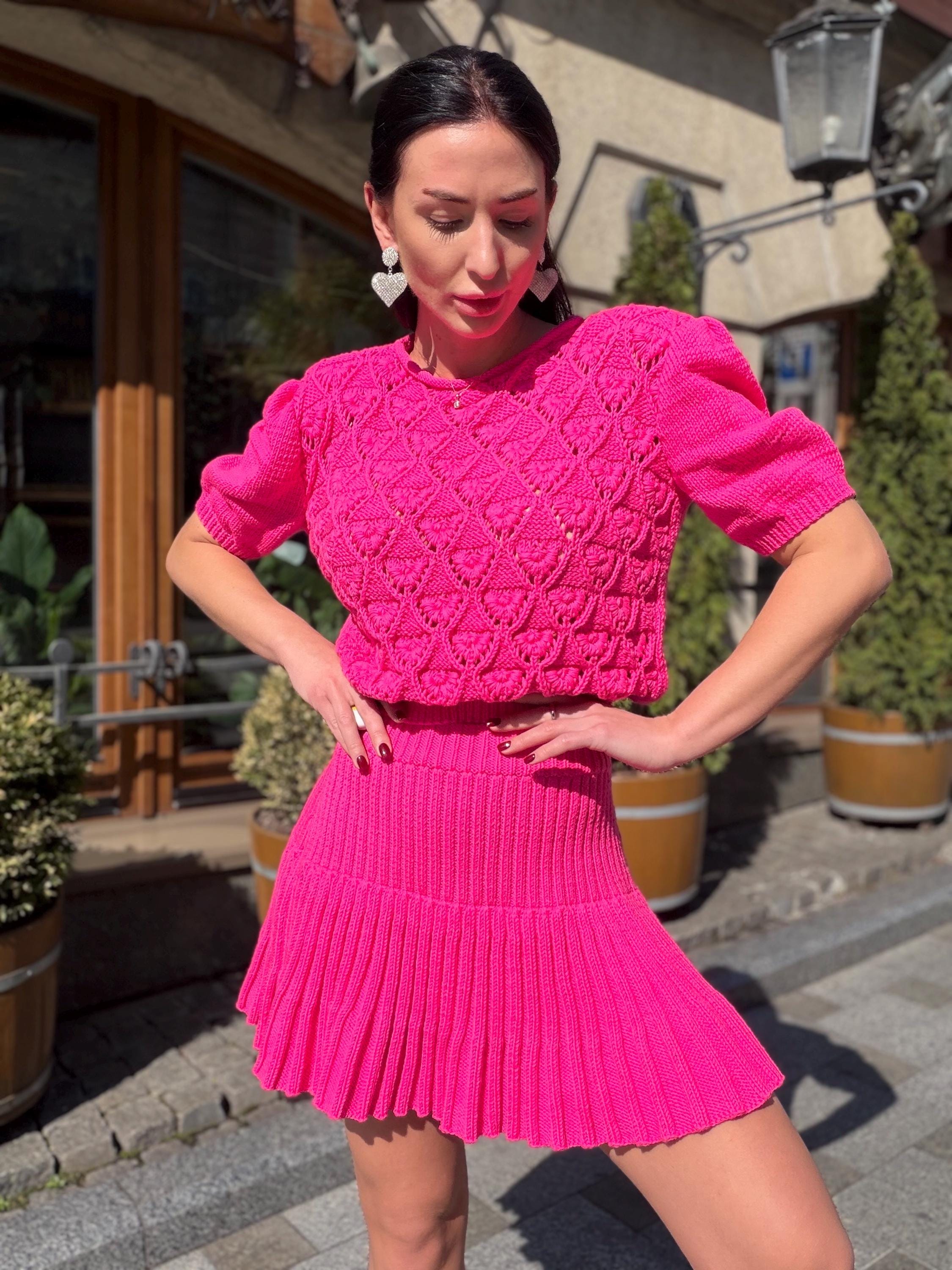 Hot Pink Knit Skirt Set, Cotton Two Piece Set, Handmade Knitted Matching Set, Women Co Ord Set, Mini Skirt Outfit Summer, Set Women