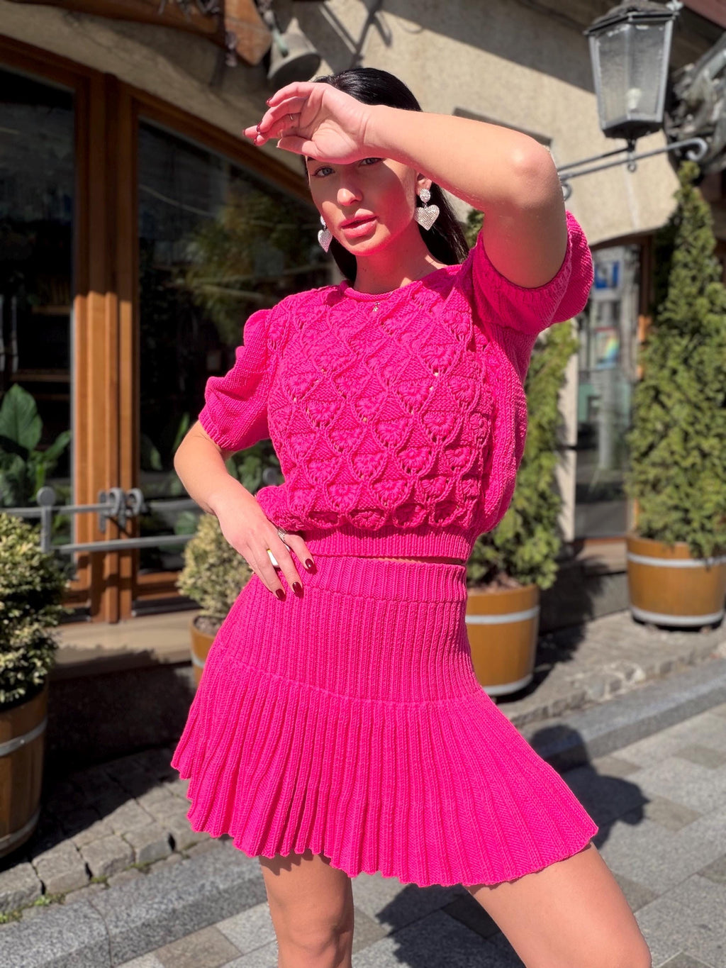 Hot Pink Knit Skirt Set, Cotton Two Piece Set, Handmade Knitted Matching Set, Women Co Ord Set, Mini Skirt Outfit Summer, Set Women