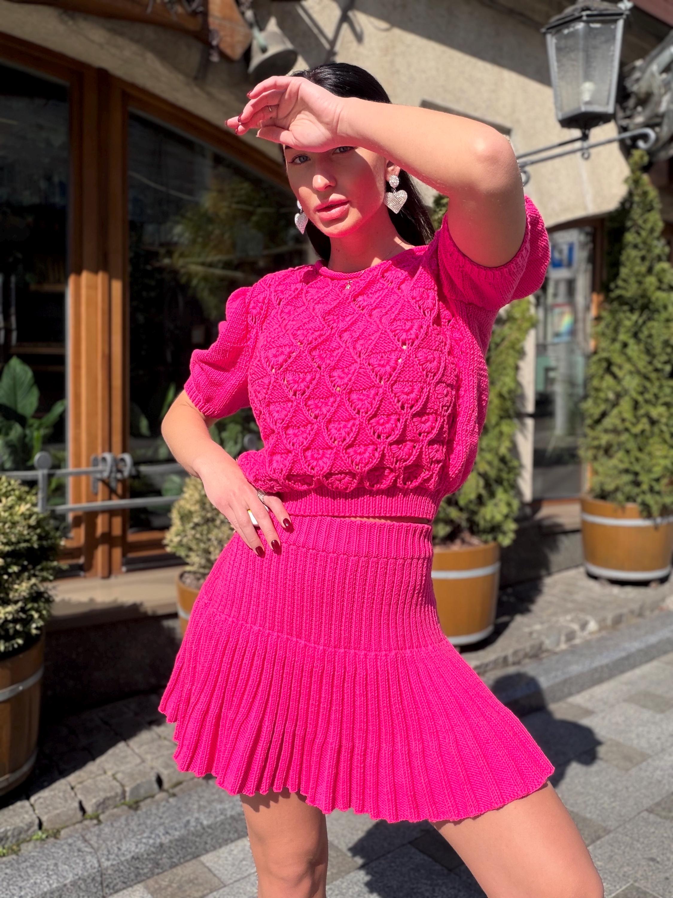 Hot Pink Knit Skirt Set, Cotton Two Piece Set, Handmade Knitted Matching Set, Women Co Ord Set, Mini Skirt Outfit Summer, Set Women