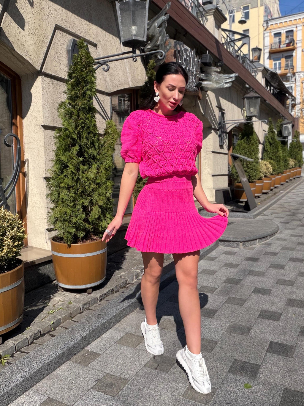 Hot Pink Knit Skirt Set, Cotton Two Piece Set, Handmade Knitted Matching Set, Women Co Ord Set, Mini Skirt Outfit Summer, Set Women