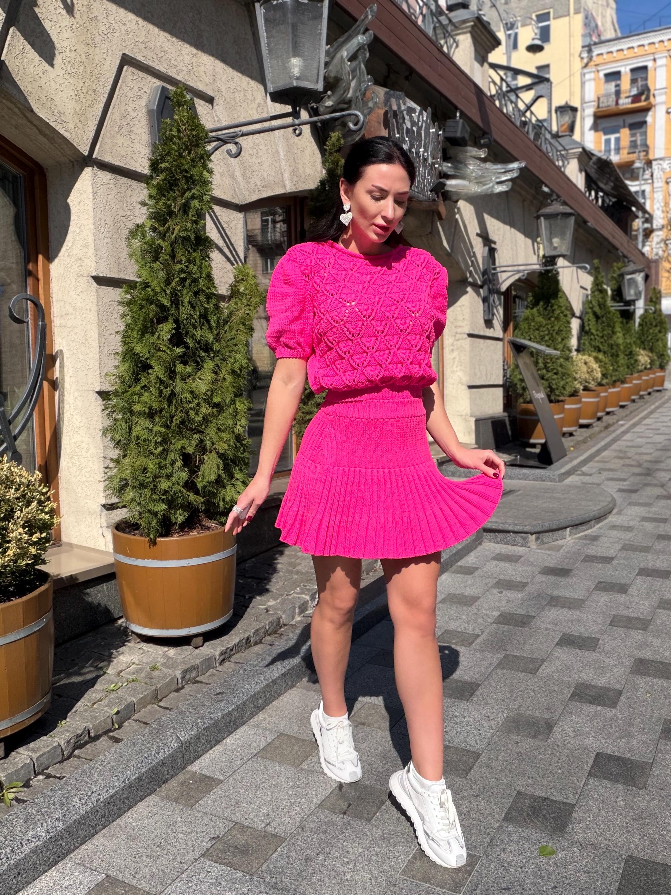 Hot Pink Knit Skirt Set, Cotton Two Piece Set, Handmade Knitted Matching Set, Women Co Ord Set, Mini Skirt Outfit Summer, Set Women