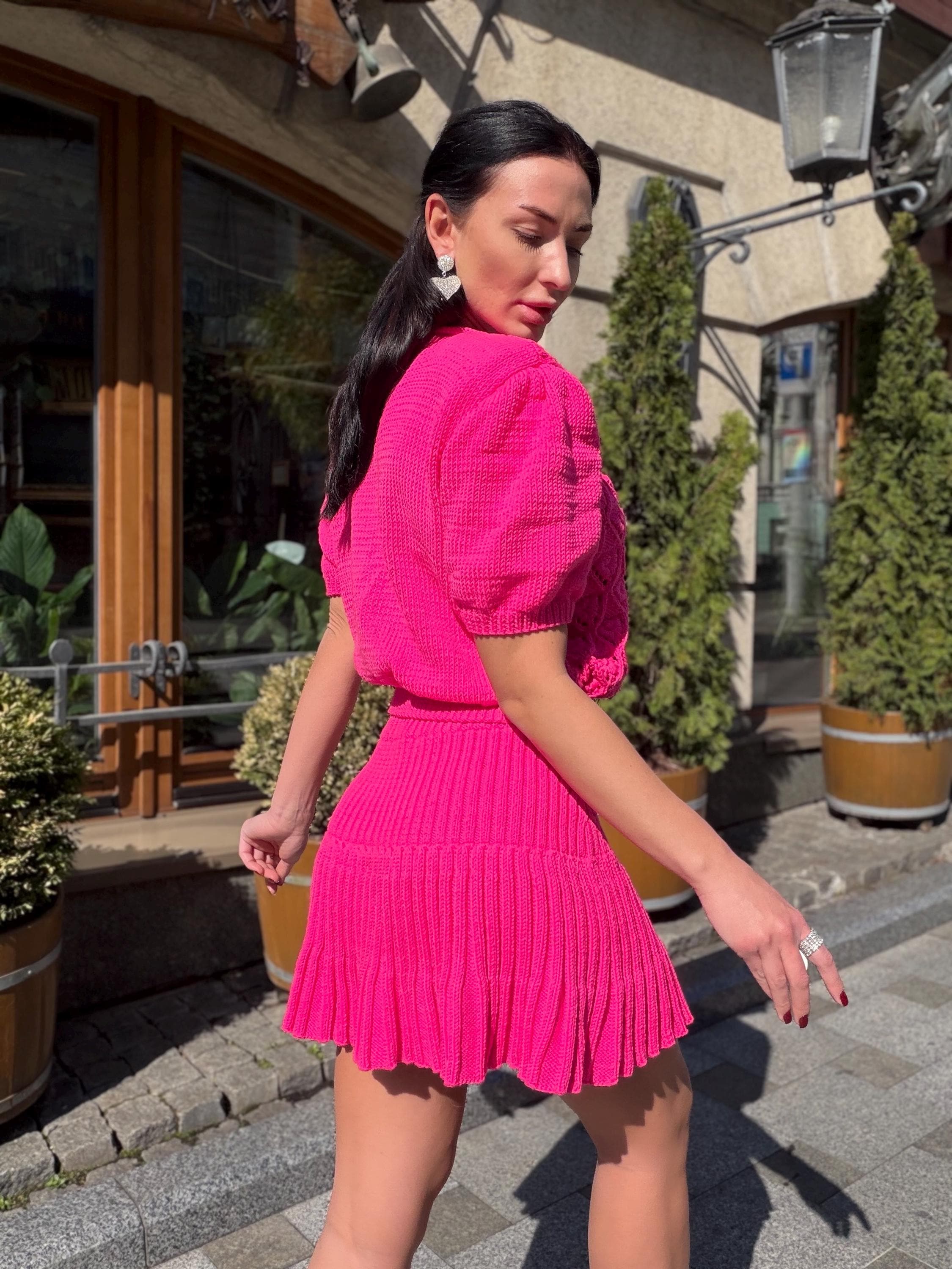 Hot Pink Knit Skirt Set, Cotton Two Piece Set, Handmade Knitted Matching Set, Women Co Ord Set, Mini Skirt Outfit Summer, Set Women