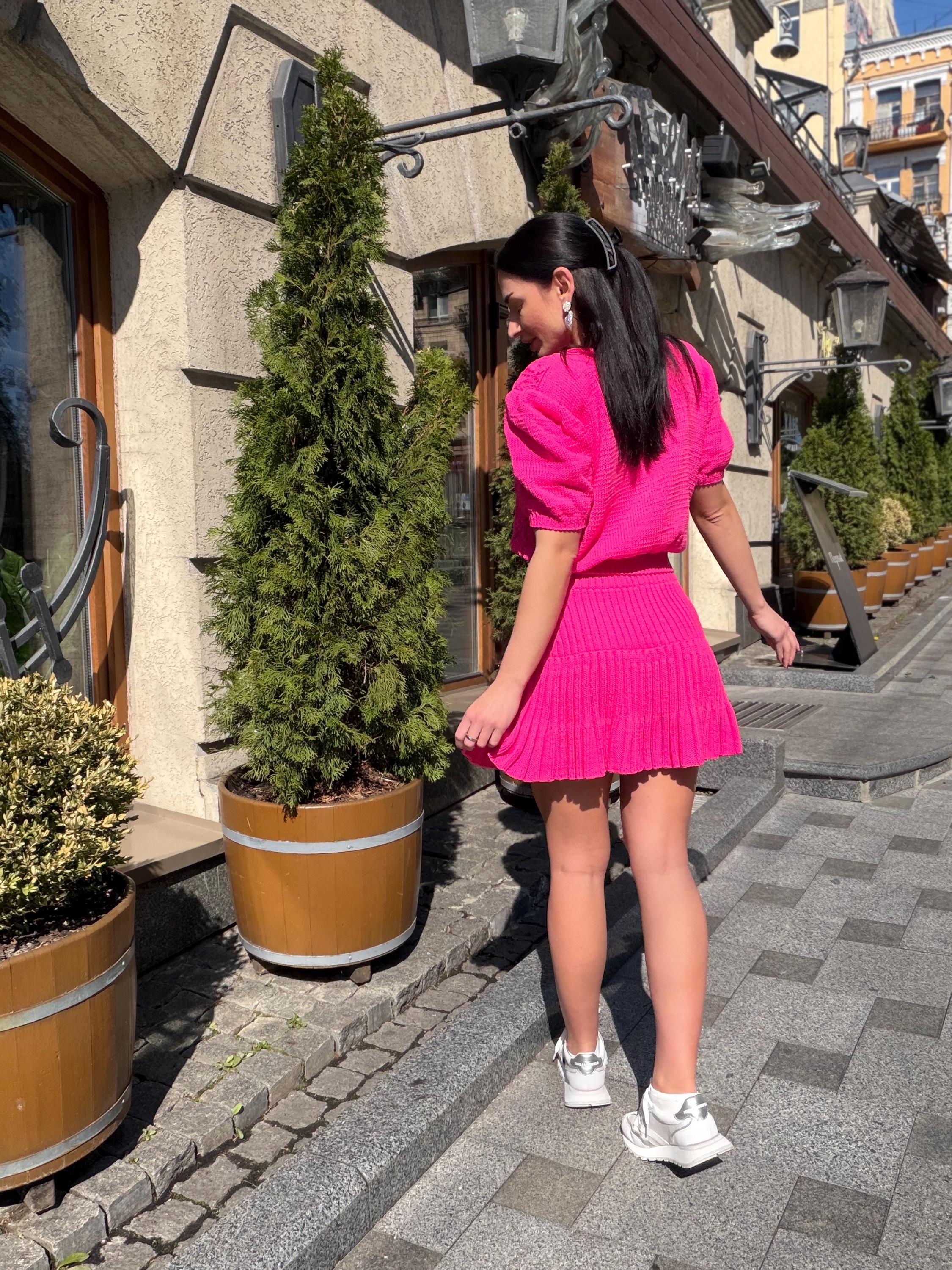 Hot Pink Knit Skirt Set, Cotton Two Piece Set, Handmade Knitted Matching Set, Women Co Ord Set, Mini Skirt Outfit Summer, Set Women