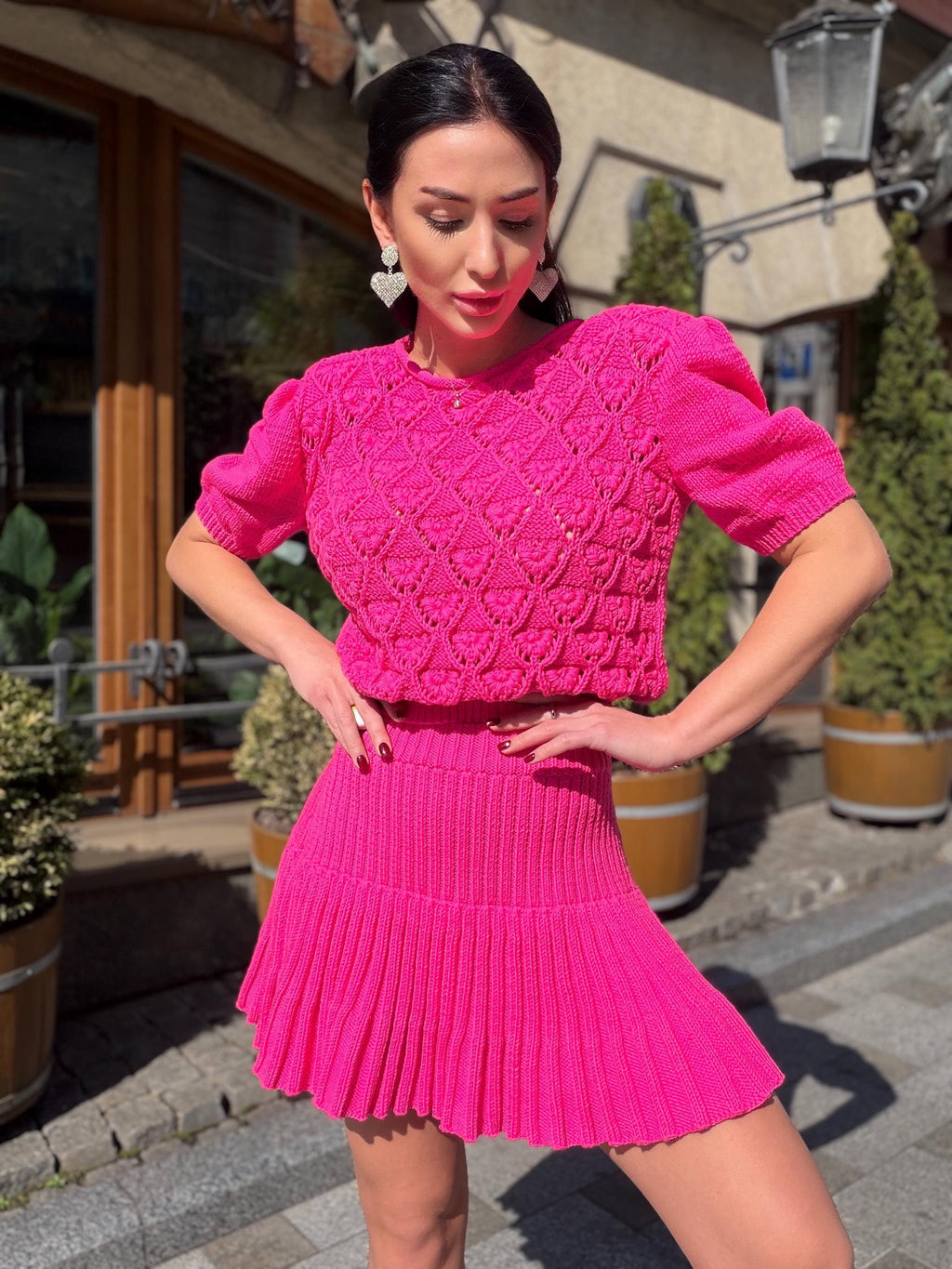 Hot Pink Knit Skirt Set, Cotton Two Piece Set, Handmade Knitted Matching Set, Women Co Ord Set, Mini Skirt Outfit Summer, Set Women