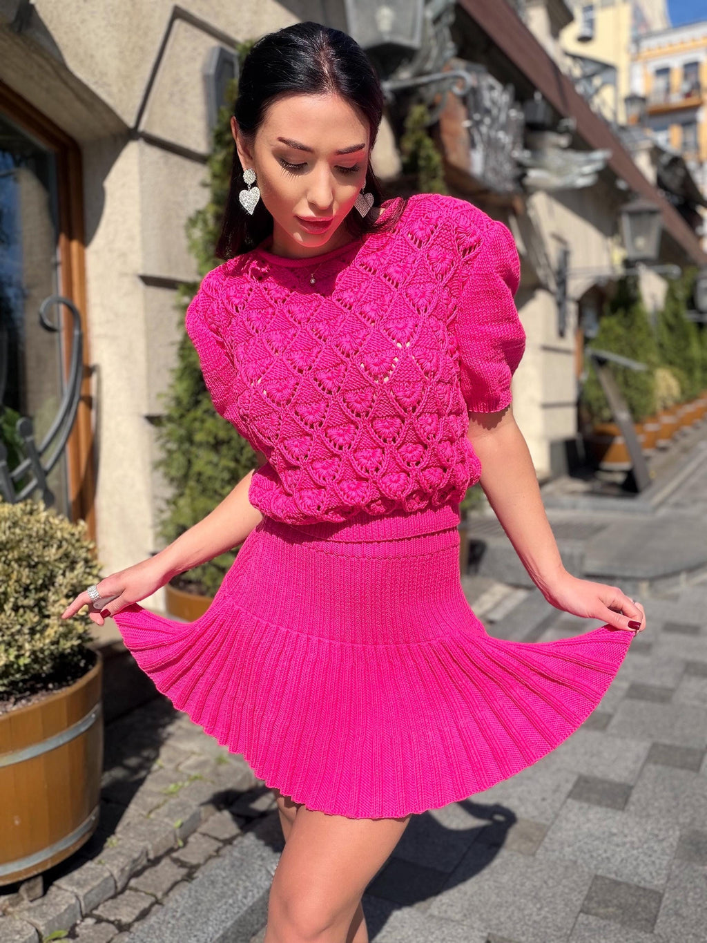 Hot Pink Knit Skirt Set, Cotton Two Piece Set, Handmade Knitted Matching Set, Women Co Ord Set, Mini Skirt Outfit Summer, Set Women
