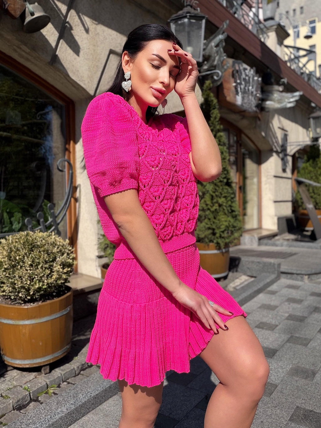 Hot Pink Knit Skirt Set, Cotton Two Piece Set, Handmade Knitted Matching Set, Women Co Ord Set, Mini Skirt Outfit Summer, Set Women