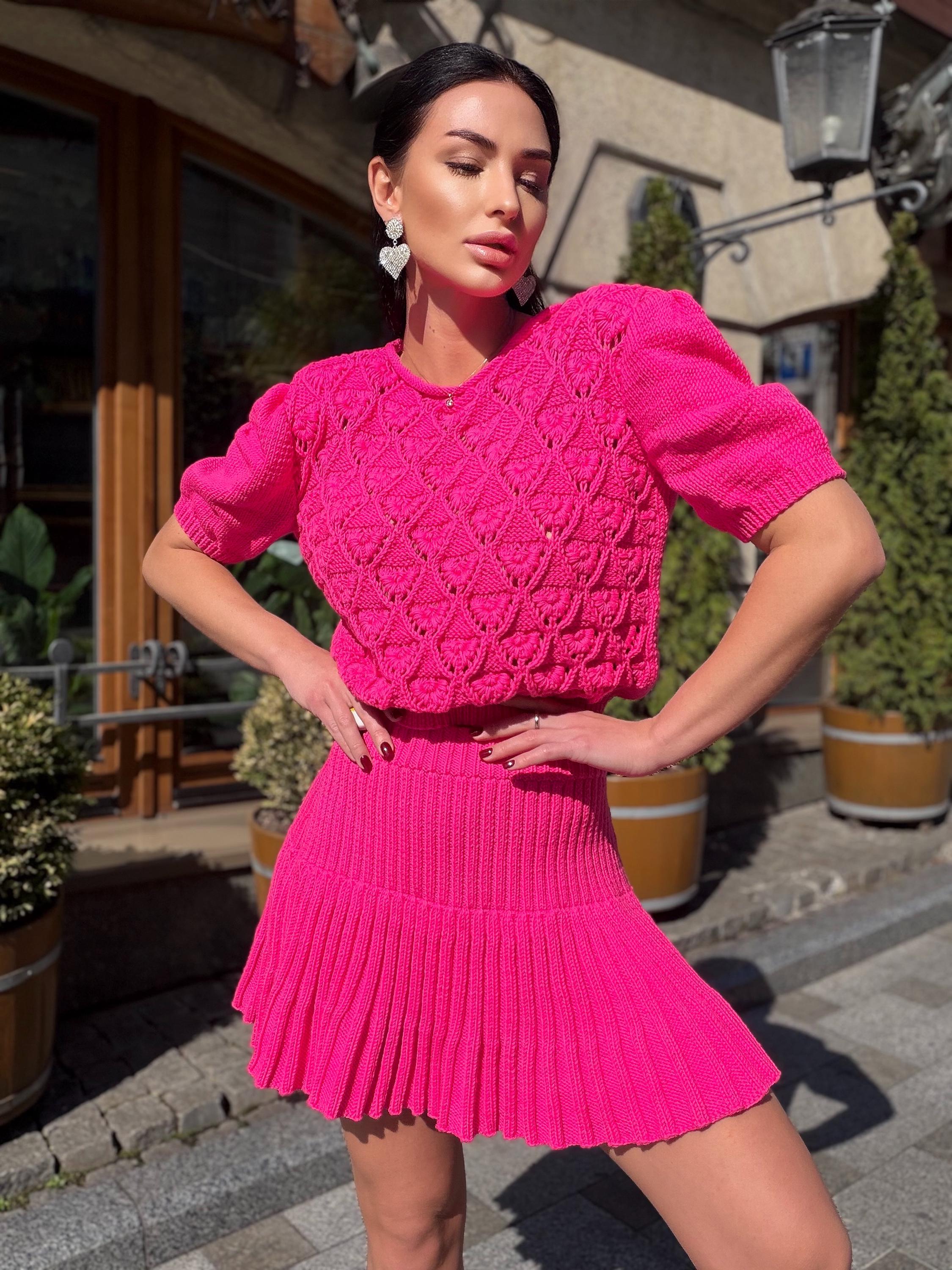 Hot Pink Knit Skirt Set, Cotton Two Piece Set, Handmade Knitted Matching Set, Women Co Ord Set, Mini Skirt Outfit Summer, Set Women