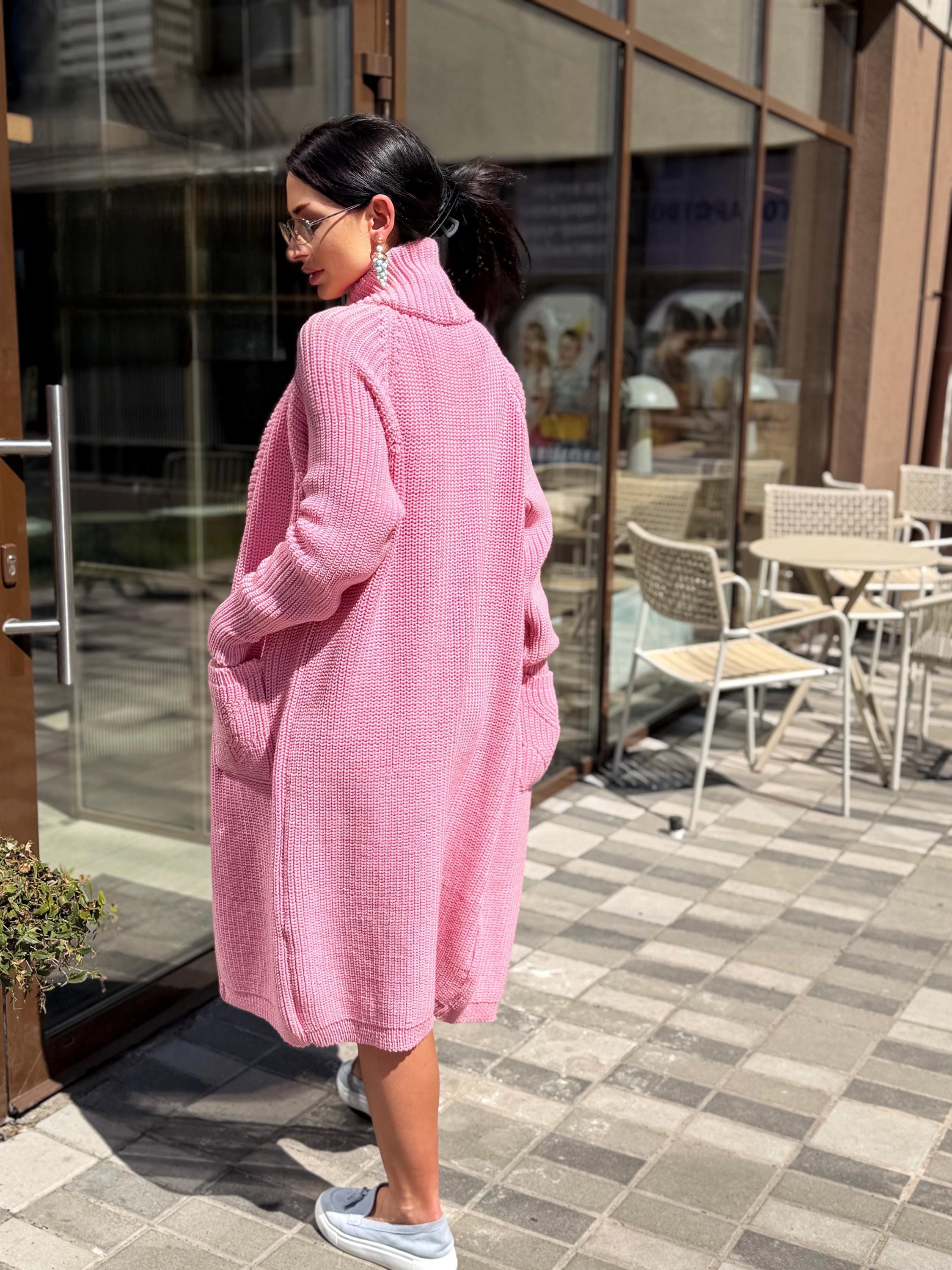 Soft Pink Handmade Cardigan, Merino Wool Long Knit Coat, Belted Cozy Sweater, Chunky Knit Women Cardigan, Luxury Knitwear