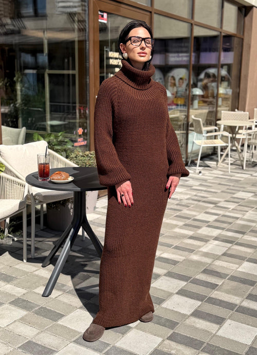 Brown Merino Wool Maxi Dress Chunky Knit Large Turtleneck Dress Oversized Sweater Dress Women Cozy Winter Long Knit Dress, Minimalist Outfit