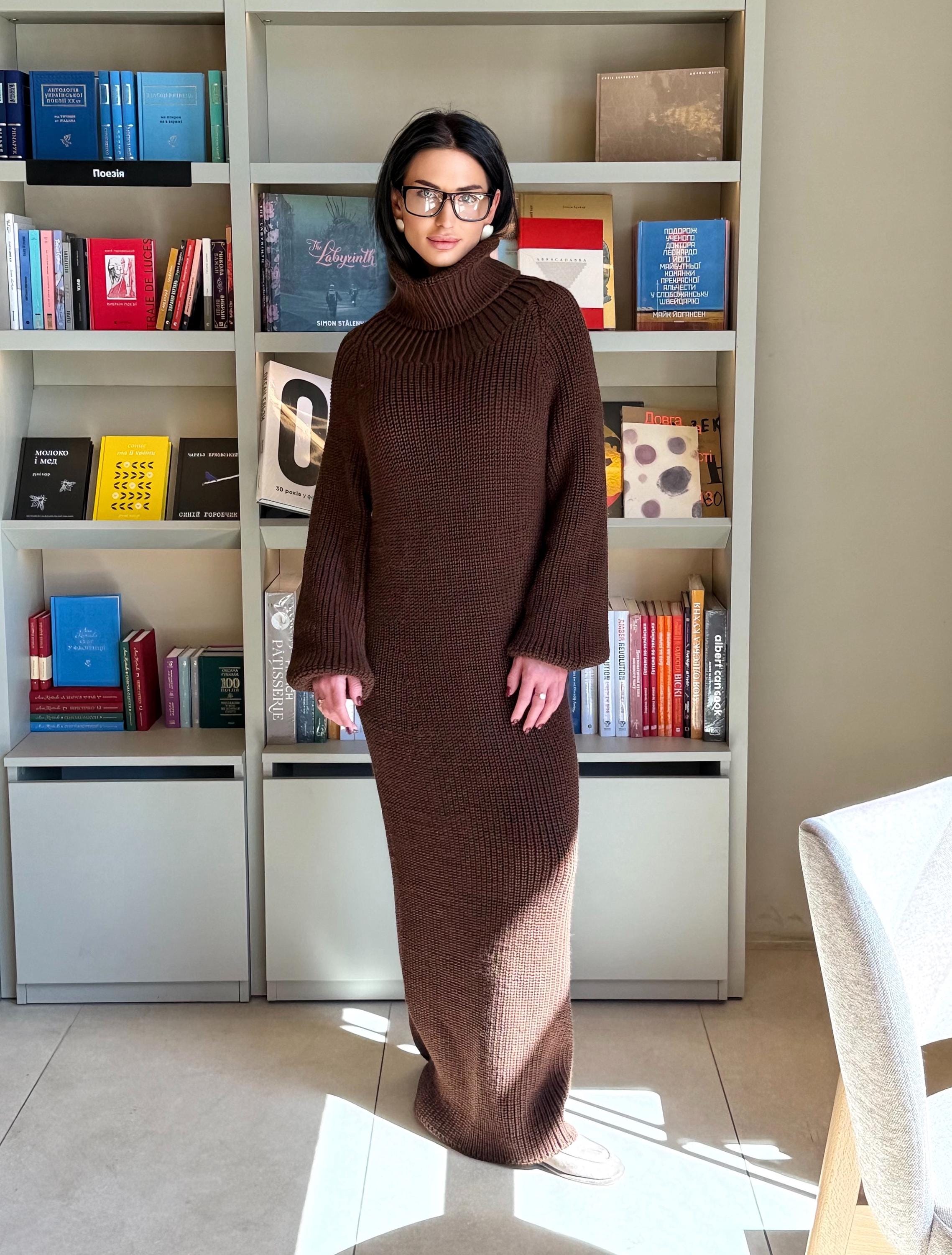 Made to Measure Knit Dress, Luxury Chunky Turtleneck Dress, Handmade Maxi Sweater Dress, Sculpted Silhouette, Custom Wool Dress Slow Fashion