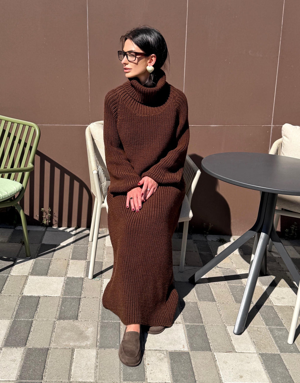 Large hand knit chunky sweater dress merino wool maxi turtleneck Oversized long cozy winter outfit High big collar Women Dress puff sleeves