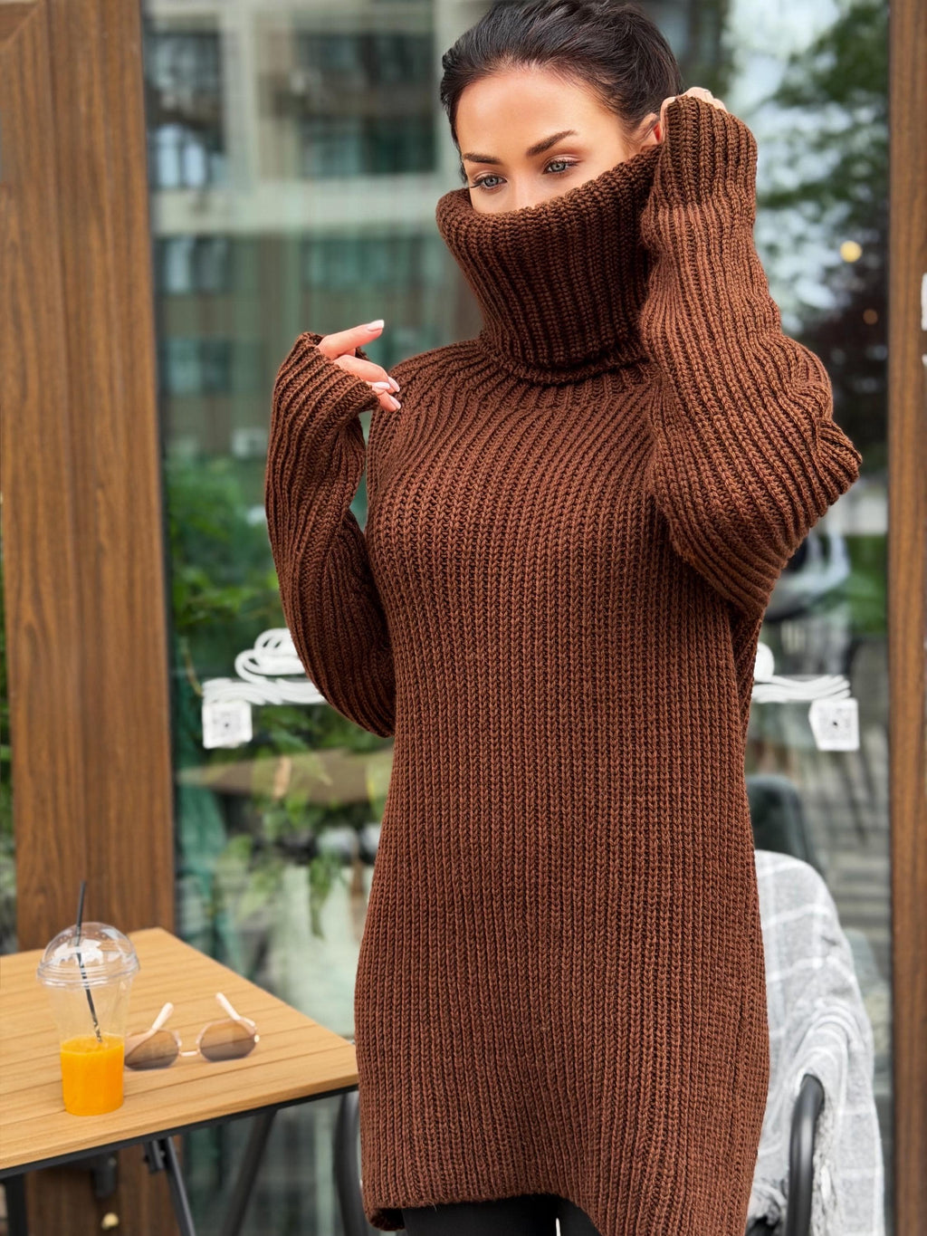 Hand knit merino wool brown chocolate big collar long sweater large turtleneck Cable Knit Pastel wool pullover Chunky knit sweater dress