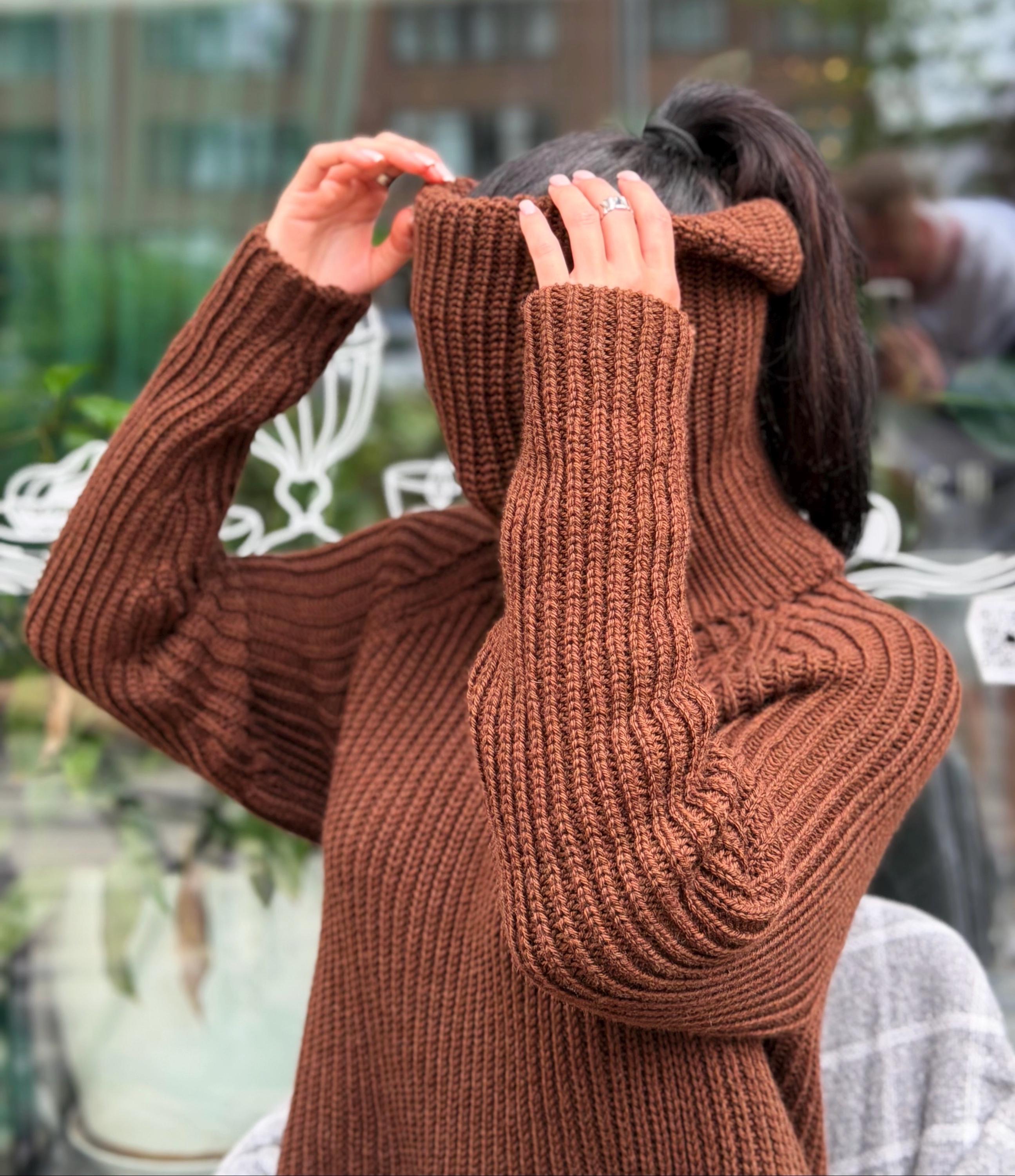 Hand knit merino wool brown chocolate big collar long sweater large turtleneck Cable Knit Pastel wool pullover Chunky knit sweater dress