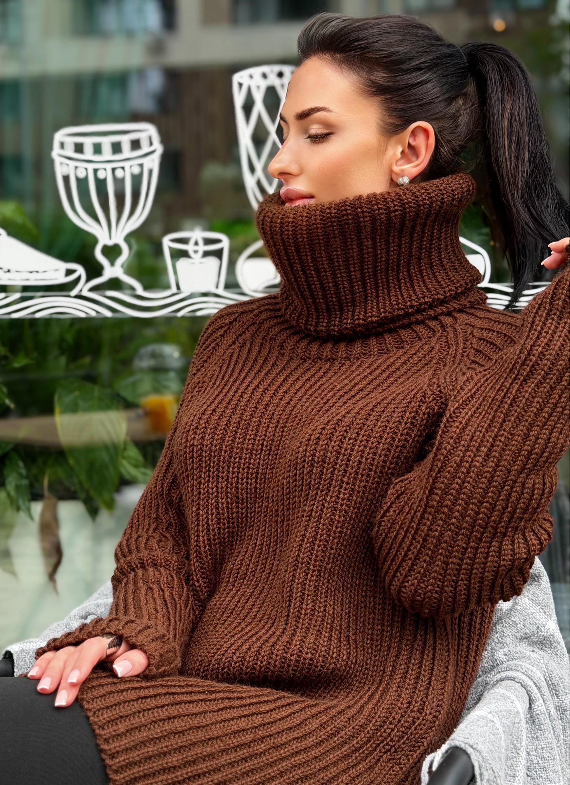 Hand knit merino wool brown chocolate big collar long sweater large turtleneck Cable Knit Pastel wool pullover Chunky knit sweater dress