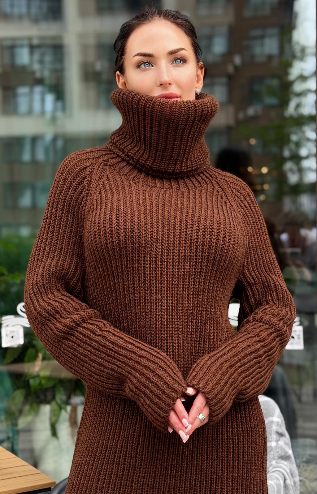 Hand knit merino wool brown chocolate big collar long sweater large turtleneck Cable Knit Pastel wool pullover Chunky knit sweater dress