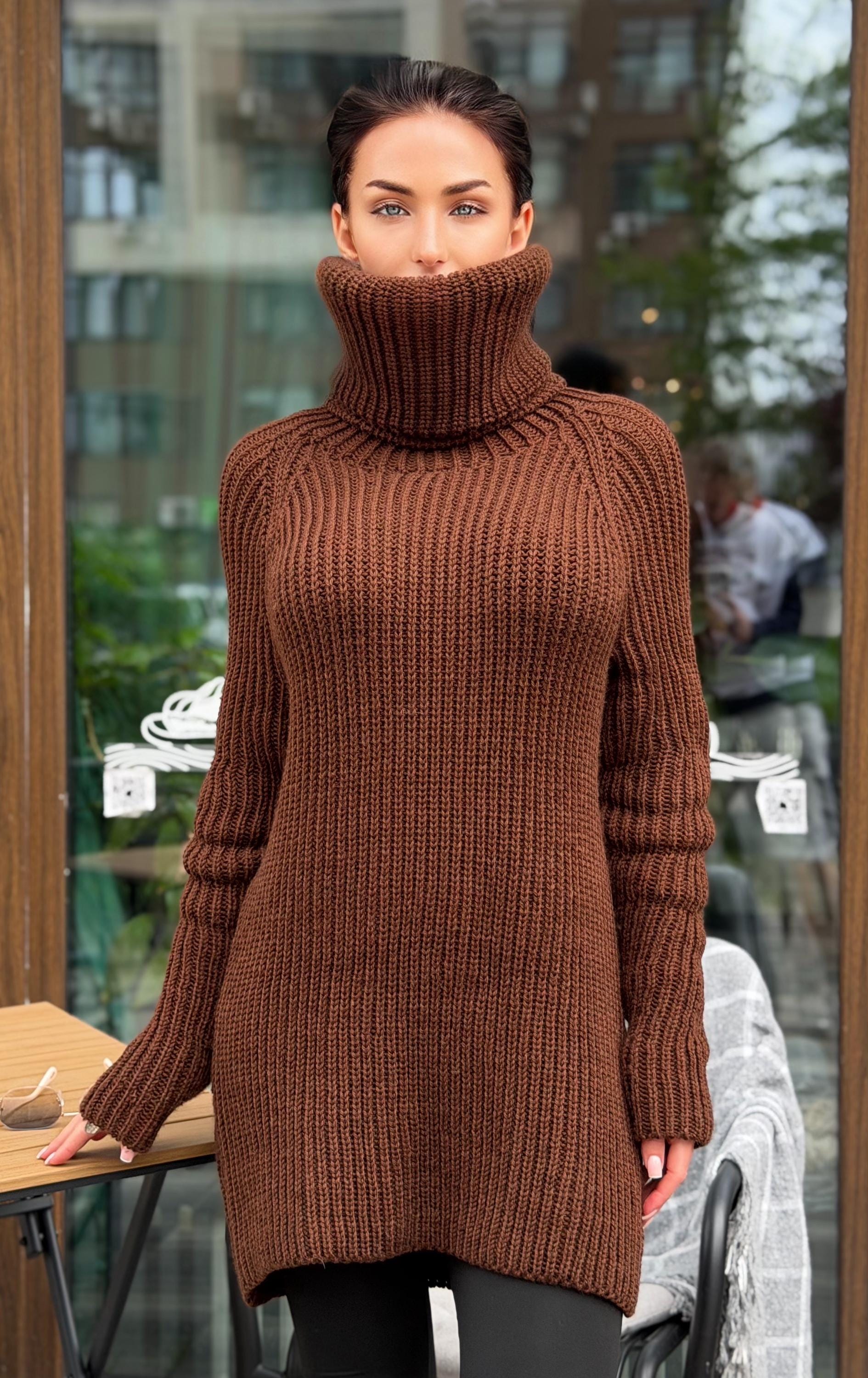 Hand knit merino wool brown chocolate big collar long sweater large turtleneck Cable Knit Pastel wool pullover Chunky knit sweater dress