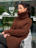 Hand knit merino wool brown chocolate big collar long sweater large turtleneck Cable Knit Pastel wool pullover Chunky knit sweater dress