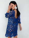 Royal Blue Crochet Dress, Handmade cover-up Openwork Mini Dress, Backless Boho Beach Cover Up, Cotton Lace Tunic, Festival Summer Dress