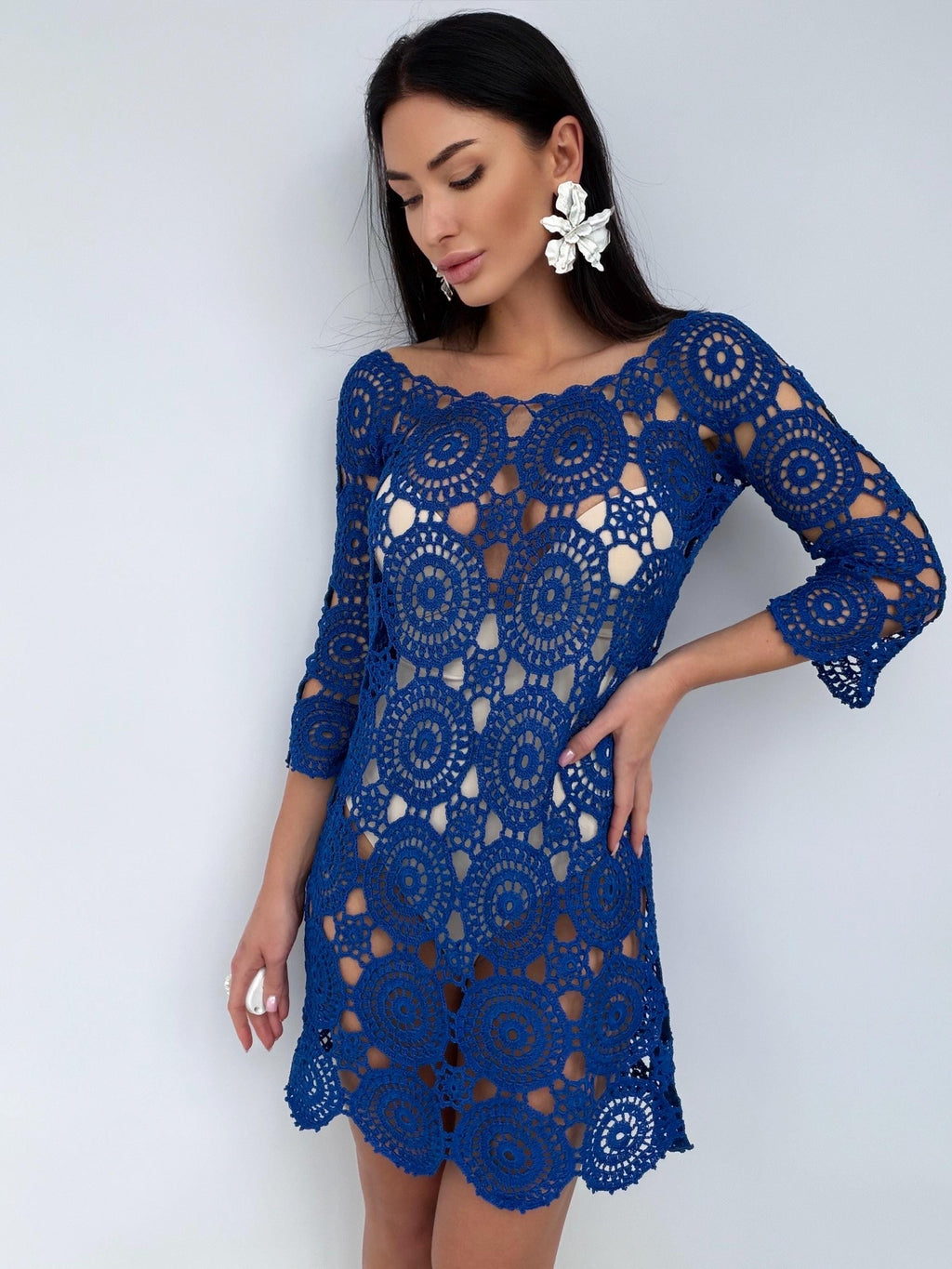 Royal Blue Crochet Dress, Handmade cover-up Openwork Mini Dress, Backless Boho Beach Cover Up, Cotton Lace Tunic, Festival Summer Dress
