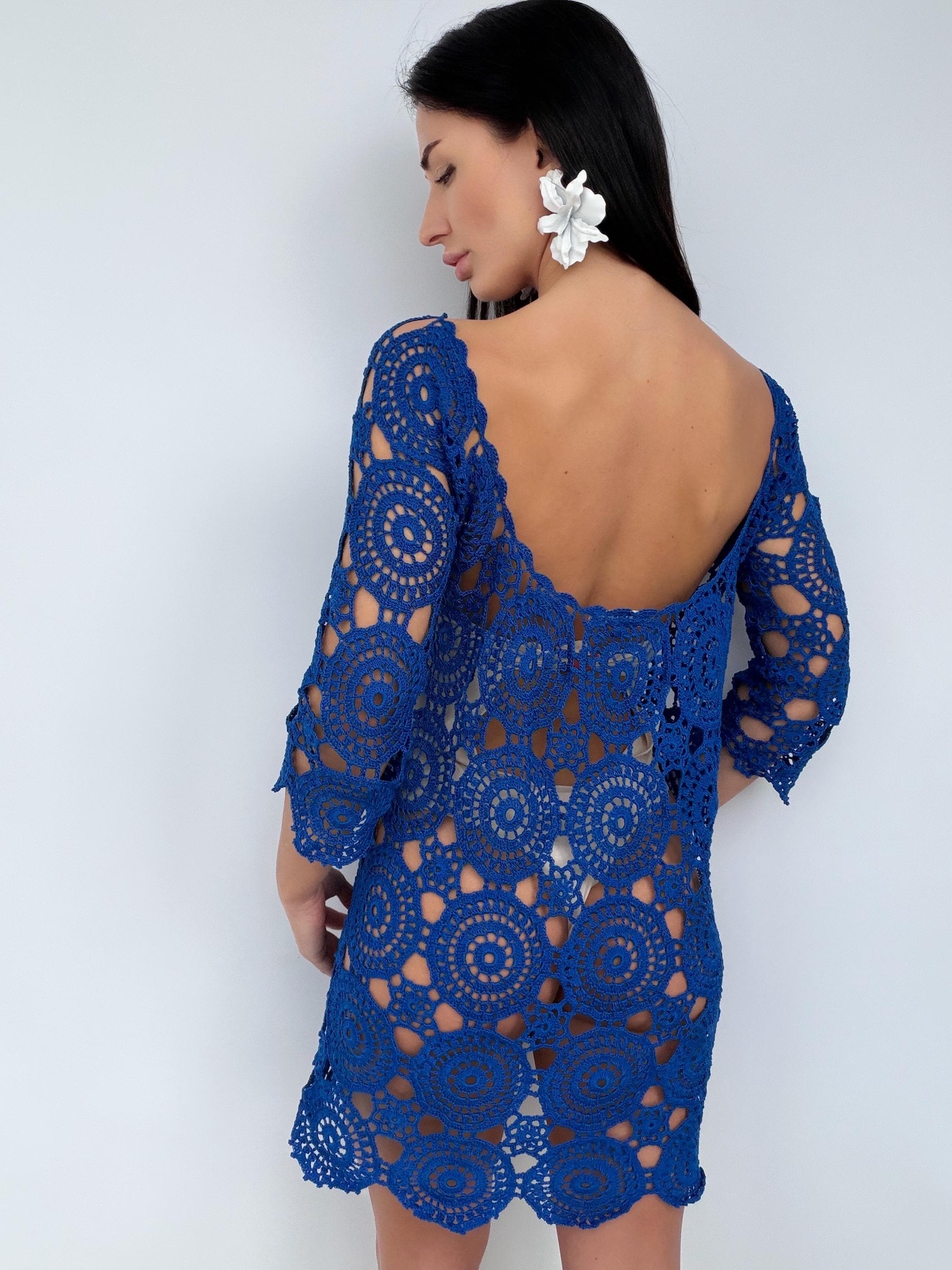 Royal Blue Crochet Dress, Handmade cover-up Openwork Mini Dress, Backless Boho Beach Cover Up, Cotton Lace Tunic, Festival Summer Dress