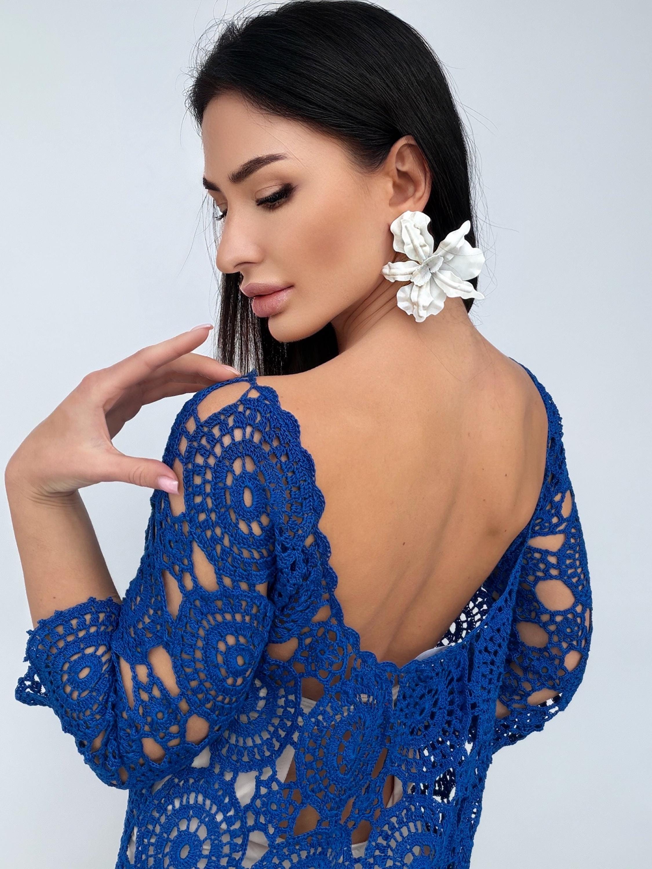 Royal Blue Crochet Dress, Handmade cover-up Openwork Mini Dress, Backless Boho Beach Cover Up, Cotton Lace Tunic, Festival Summer Dress