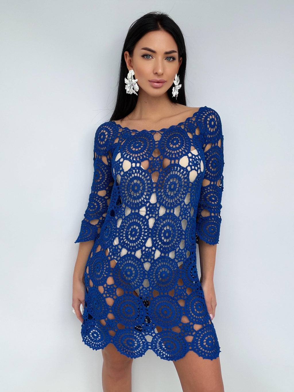 Royal Blue Crochet Dress, Handmade cover-up Openwork Mini Dress, Backless Boho Beach Cover Up, Cotton Lace Tunic, Festival Summer Dress
