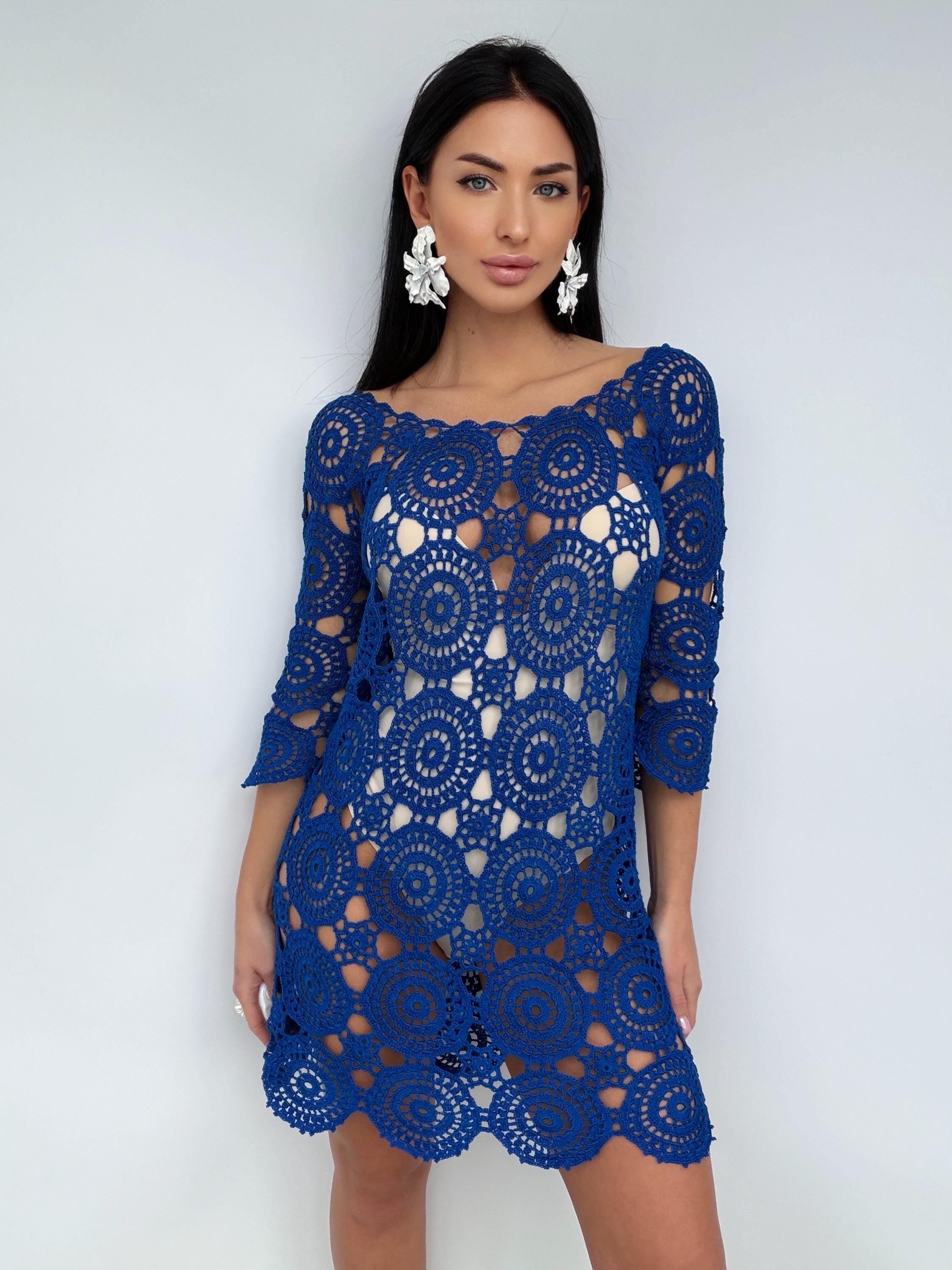 Royal Blue Crochet Dress, Handmade cover-up Openwork Mini Dress, Backless Boho Beach Cover Up, Cotton Lace Tunic, Festival Summer Dress