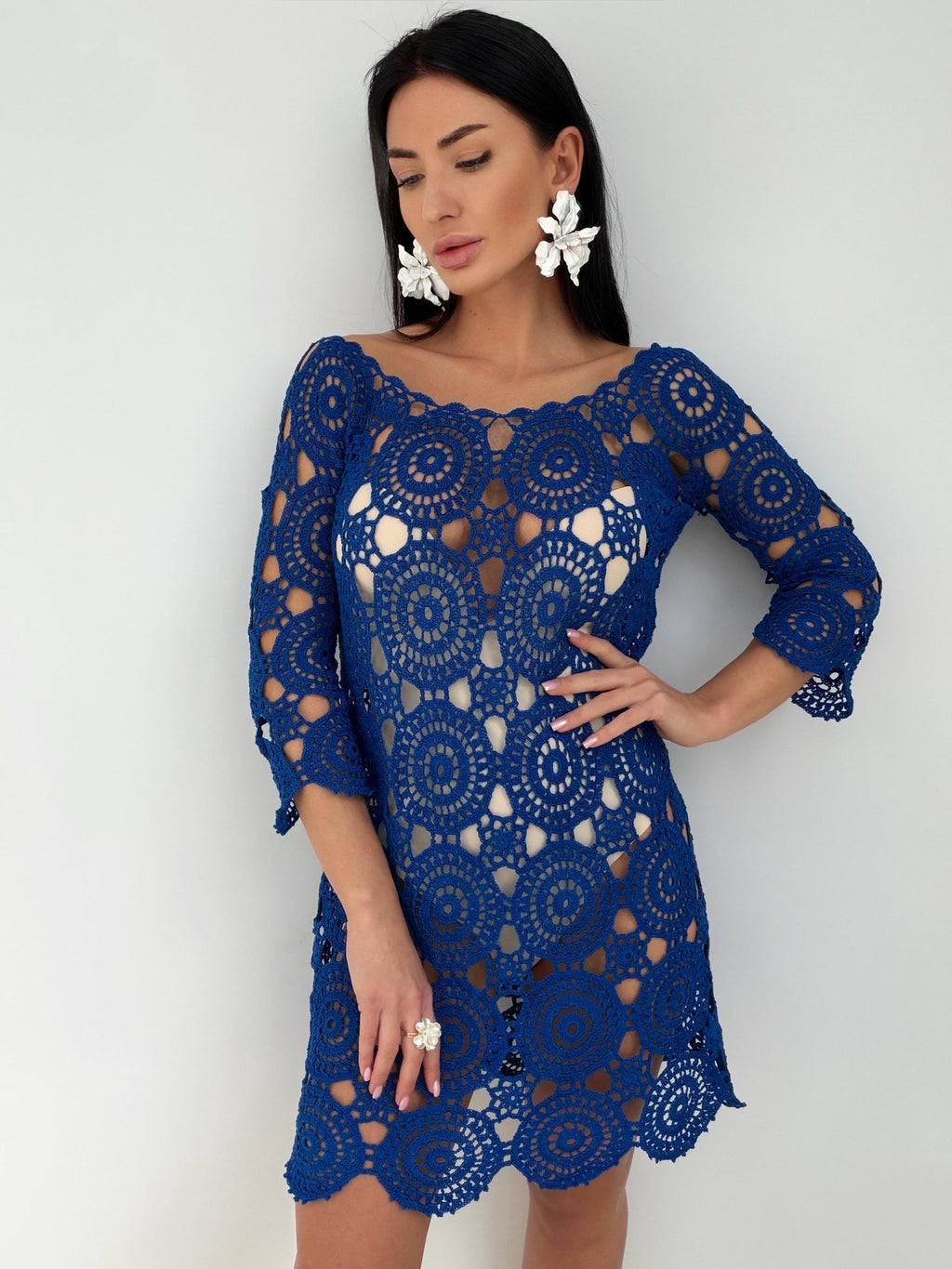 Royal Blue Crochet Dress, Handmade cover-up Openwork Mini Dress, Backless Boho Beach Cover Up, Cotton Lace Tunic, Festival Summer Dress