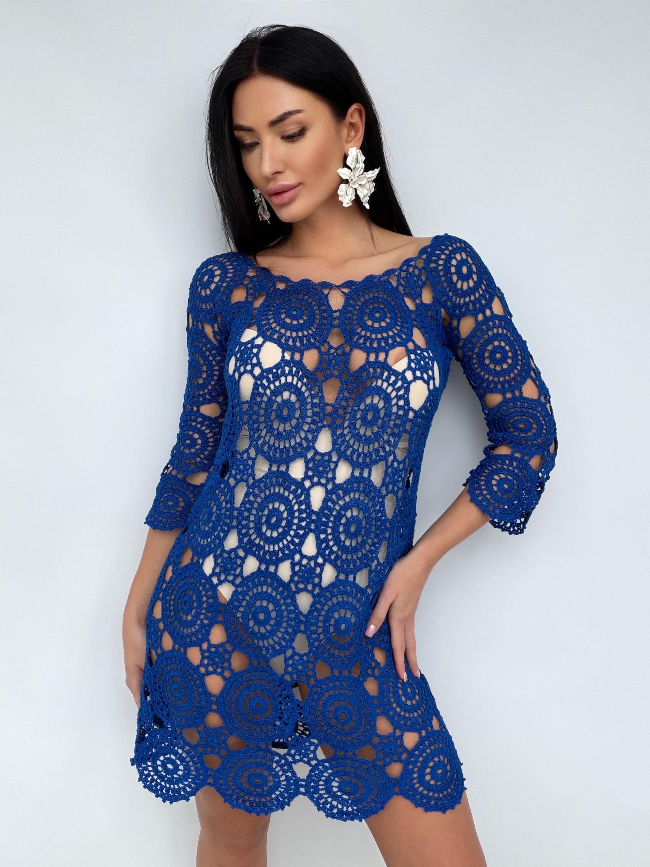 Royal Blue Crochet Dress, Handmade cover-up Openwork Mini Dress, Backless Boho Beach Cover Up, Cotton Lace Tunic, Festival Summer Dress